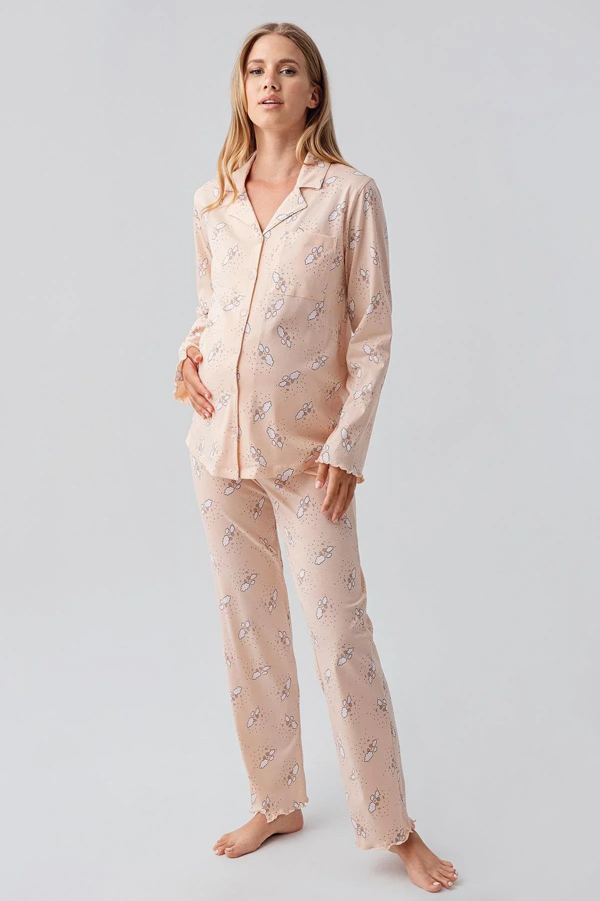 Uzun Kollu Desenli Düğmeli Esnek Pamuklu Hamile Pijama Takım 18200 - Artış Collection