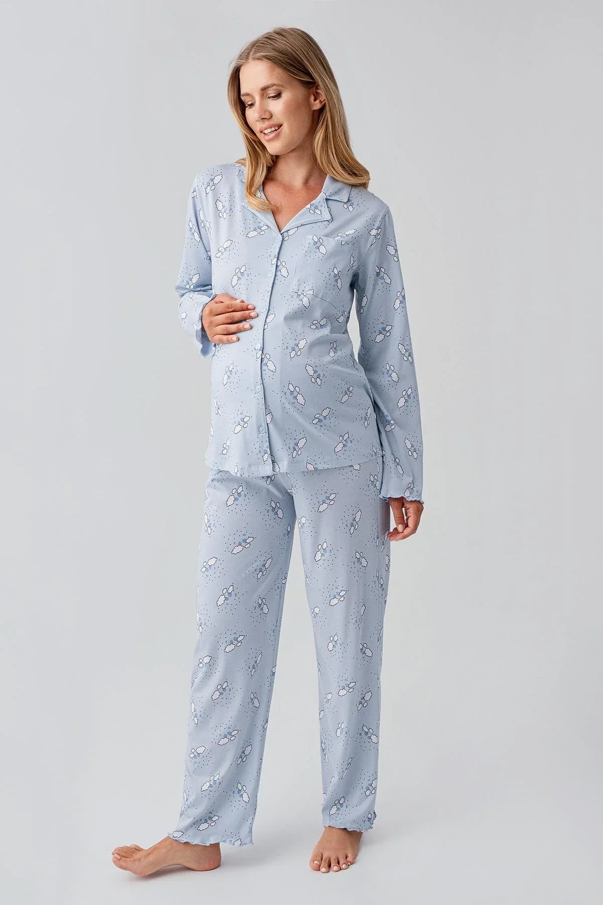 Uzun Kollu Desenli Düğmeli Esnek Pamuklu Hamile Pijama Takım 18200 - Artış Collection