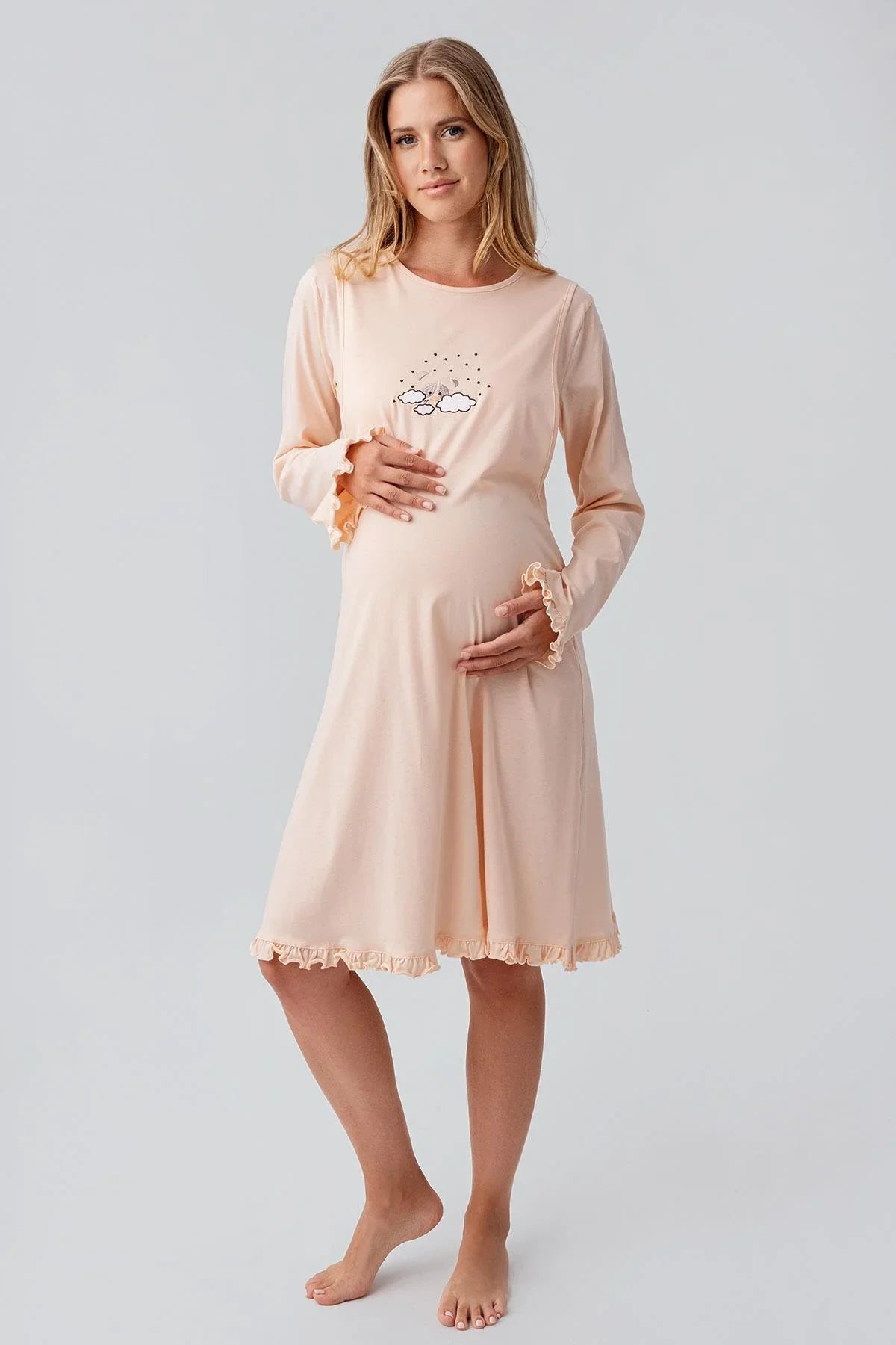 Uzun Kollu Desenli Esnek Pamuklu Hamile Sabahlık Gecelik Takım 18400