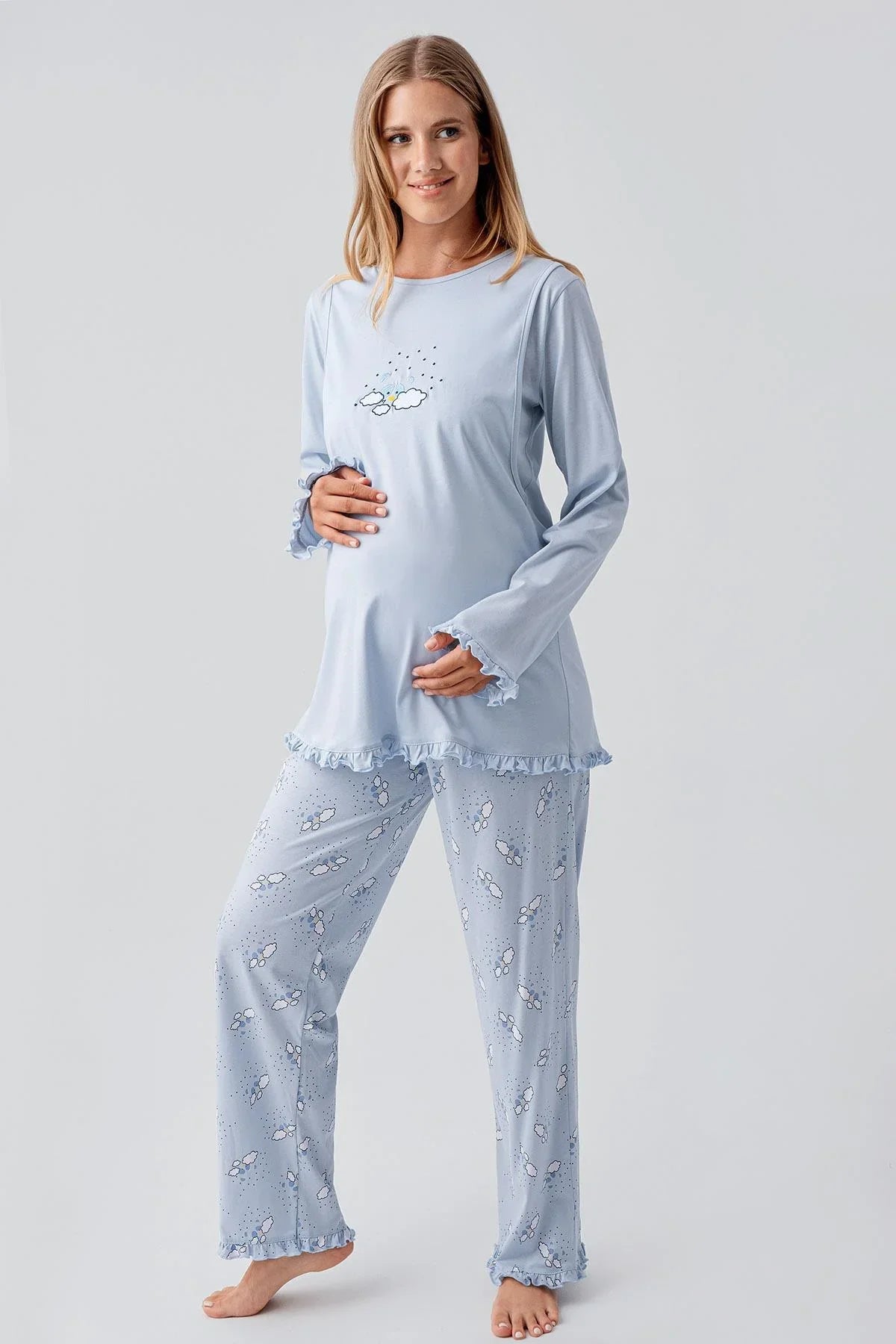 Uzun Kollu Desenli Esnek Pamuklu Hamile Sabahlık Pijama Takım 18300