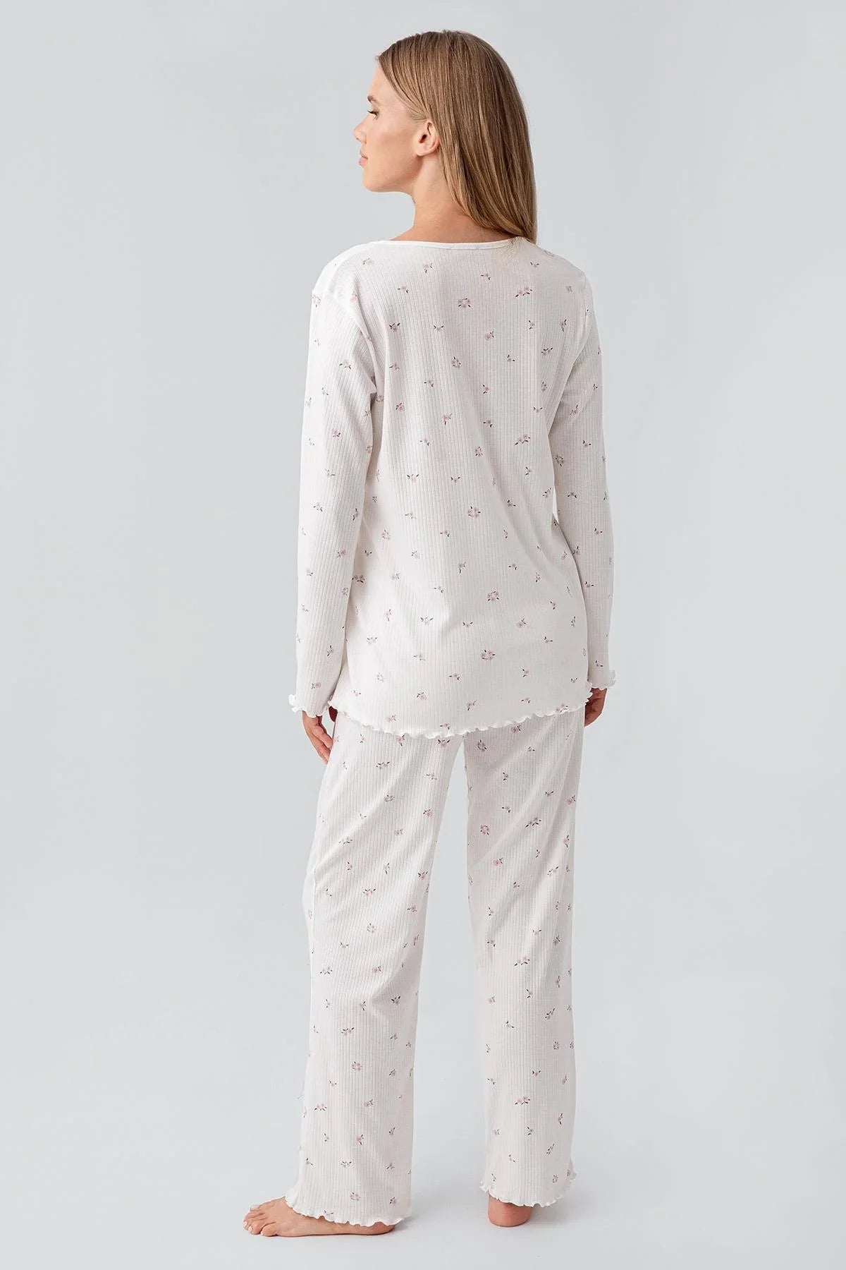 Uzun Kollu Desenli Düğmeli Esnek Pamuklu Hamile Pijama Takım 18218 - Artış Collection