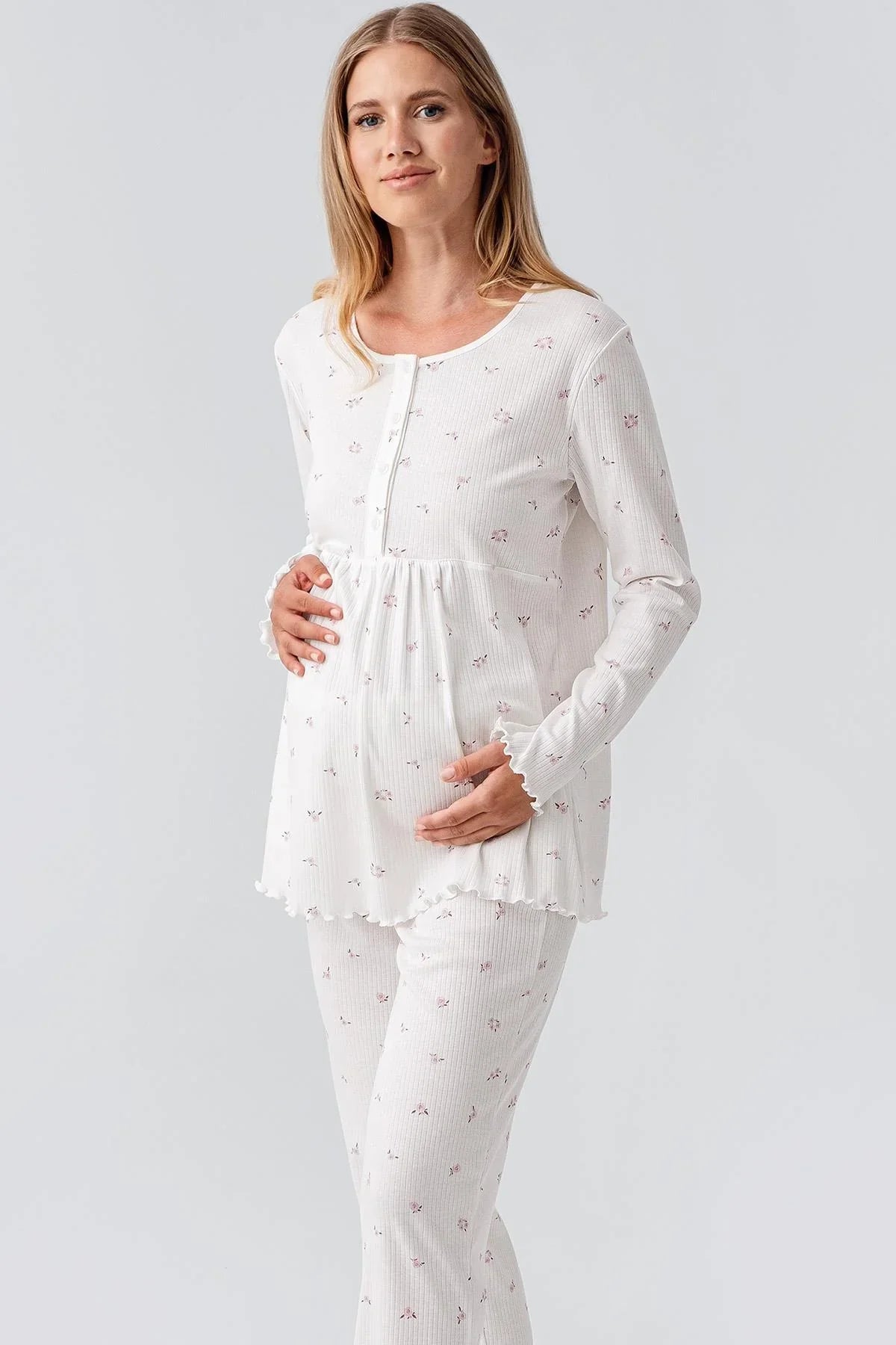 Uzun Kollu Desenli Düğmeli Esnek Pamuklu Hamile Pijama Takım 18218 - Artış Collection