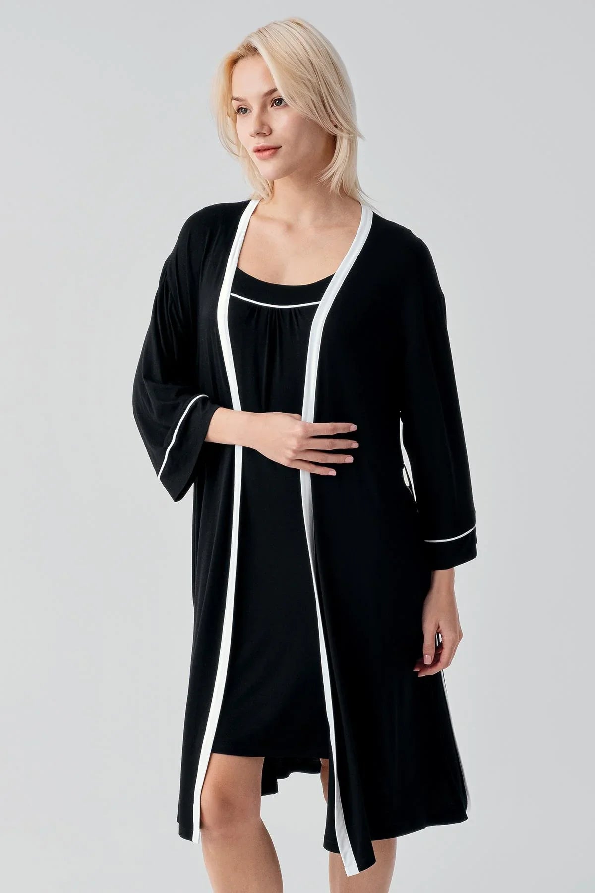 Sleeveless Bias-Cut Short Lycra Flexible Viscose Robe Nightgown Set 19415