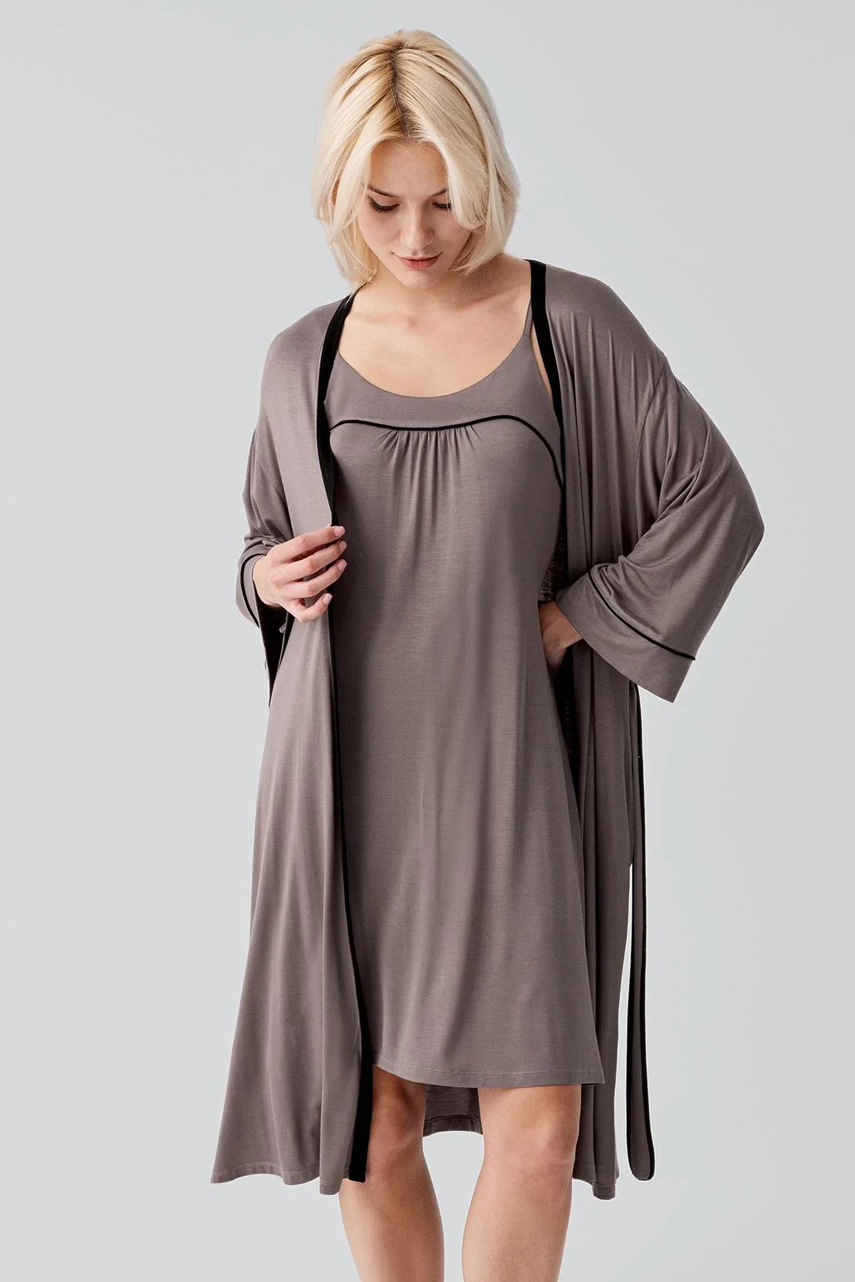 Sleeveless Bias-Cut Short Lycra Flexible Viscose Robe Nightgown Set 19415