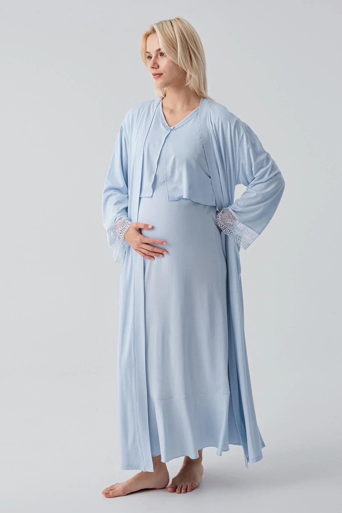 Uzun Kollu Dantelli Emzirme Bölmeli Esnek Viskoz Hamile Sabahlık Gecelik Takım 19401