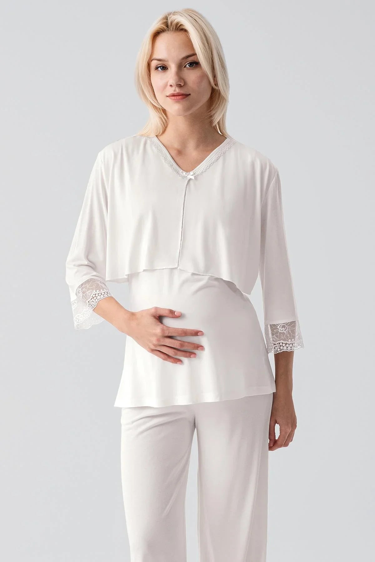 Truvakar Kollu Dantelli Düğmeli Esnek Viskoz Hamile Sabahlık Pijama Takım 19301