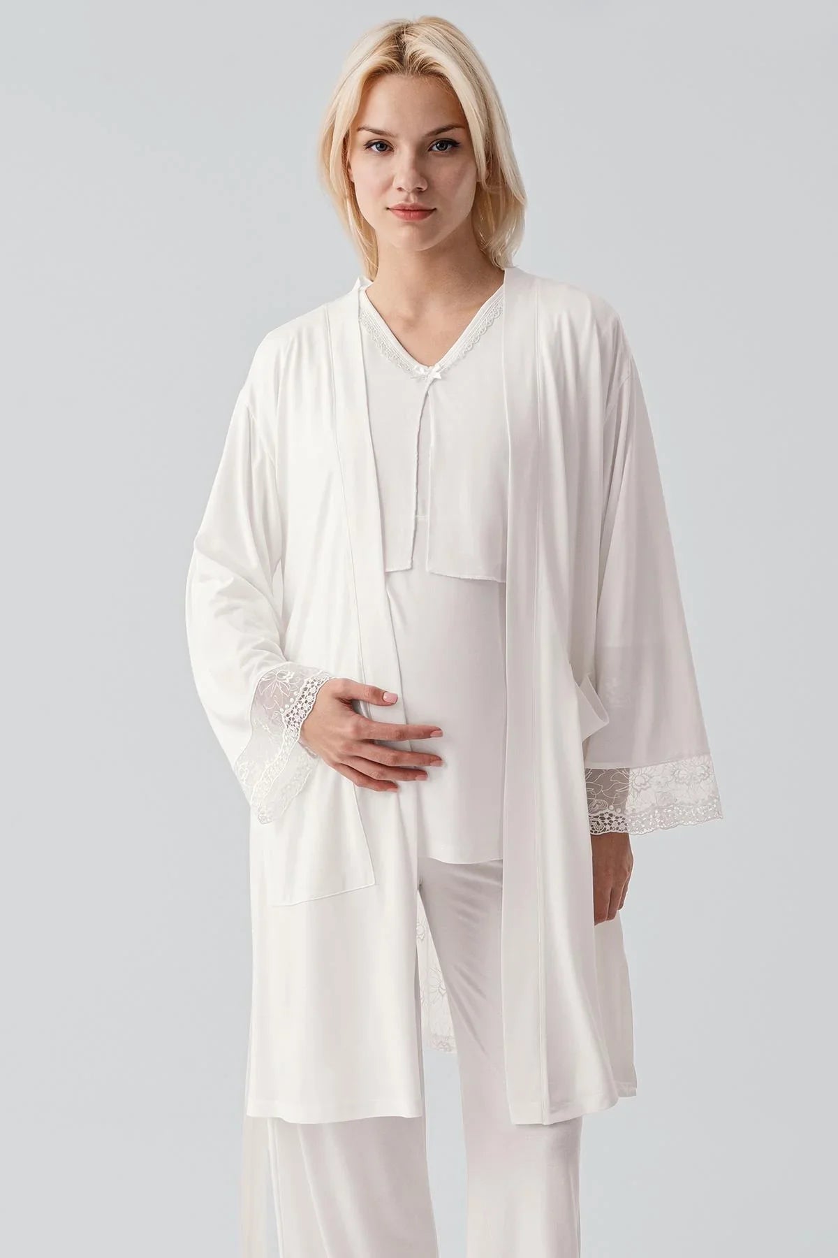 Truvakar Kollu Dantelli Düğmeli Esnek Viskoz Hamile Sabahlık Pijama Takım 19301 - Artış Collection