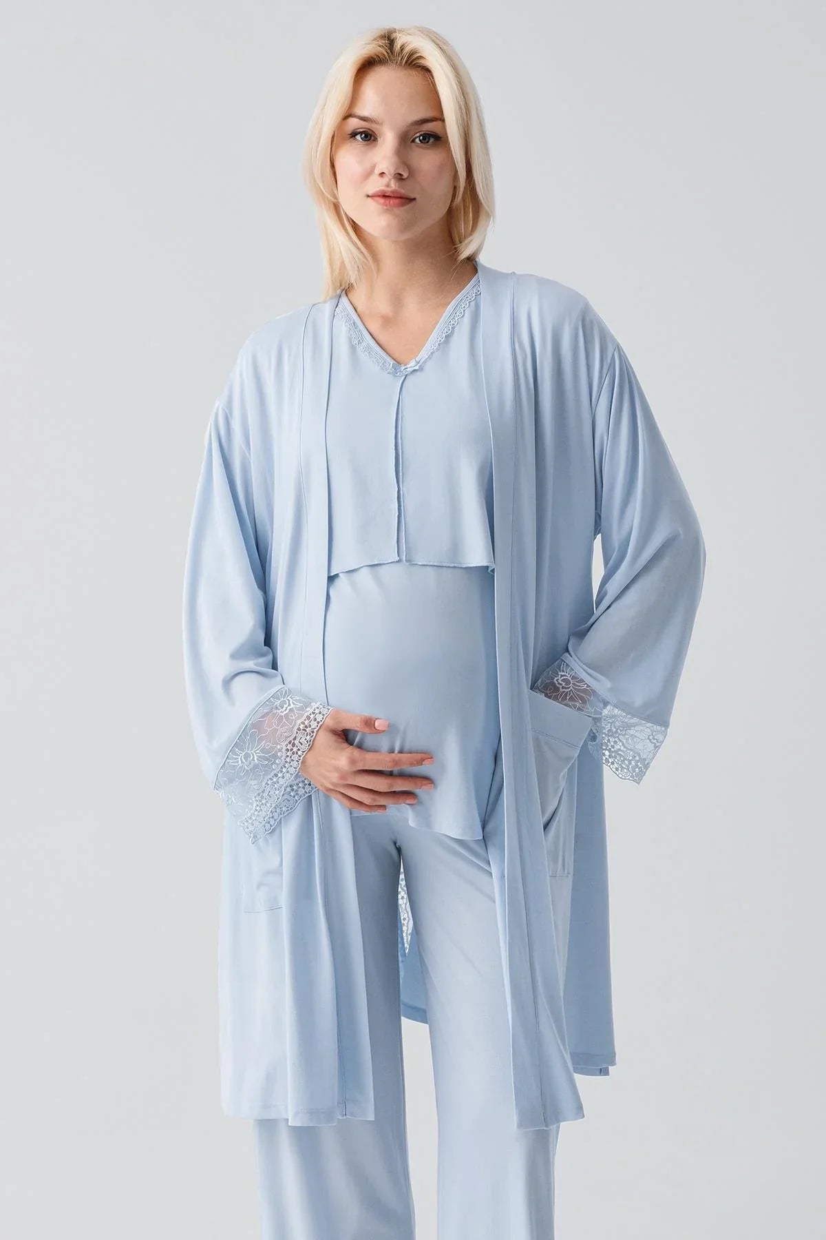 Truvakar Kollu Dantelli Düğmeli Esnek Viskoz Hamile Sabahlık Pijama Takım 19301 - Artış Collection