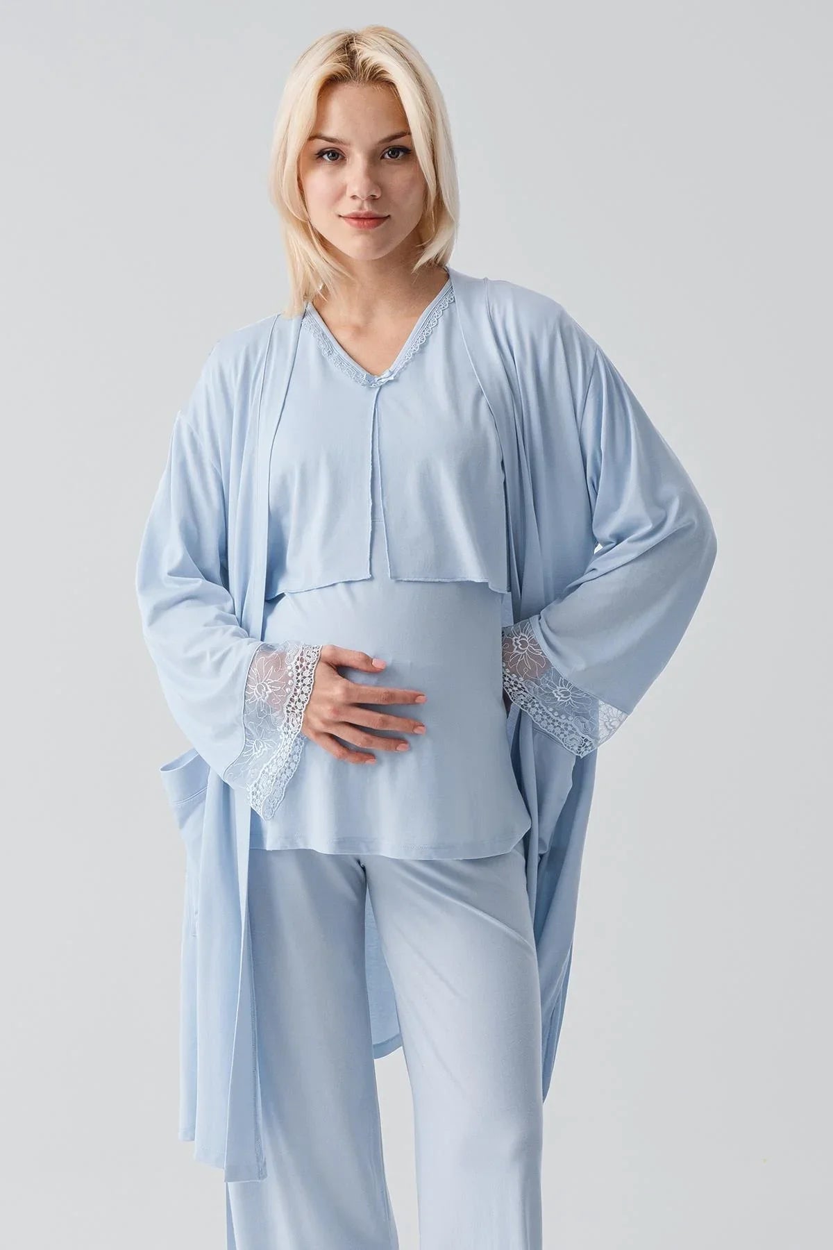 Truvakar Kollu Dantelli Düğmeli Esnek Viskoz Hamile Sabahlık Pijama Takım 19301 - Artış Collection
