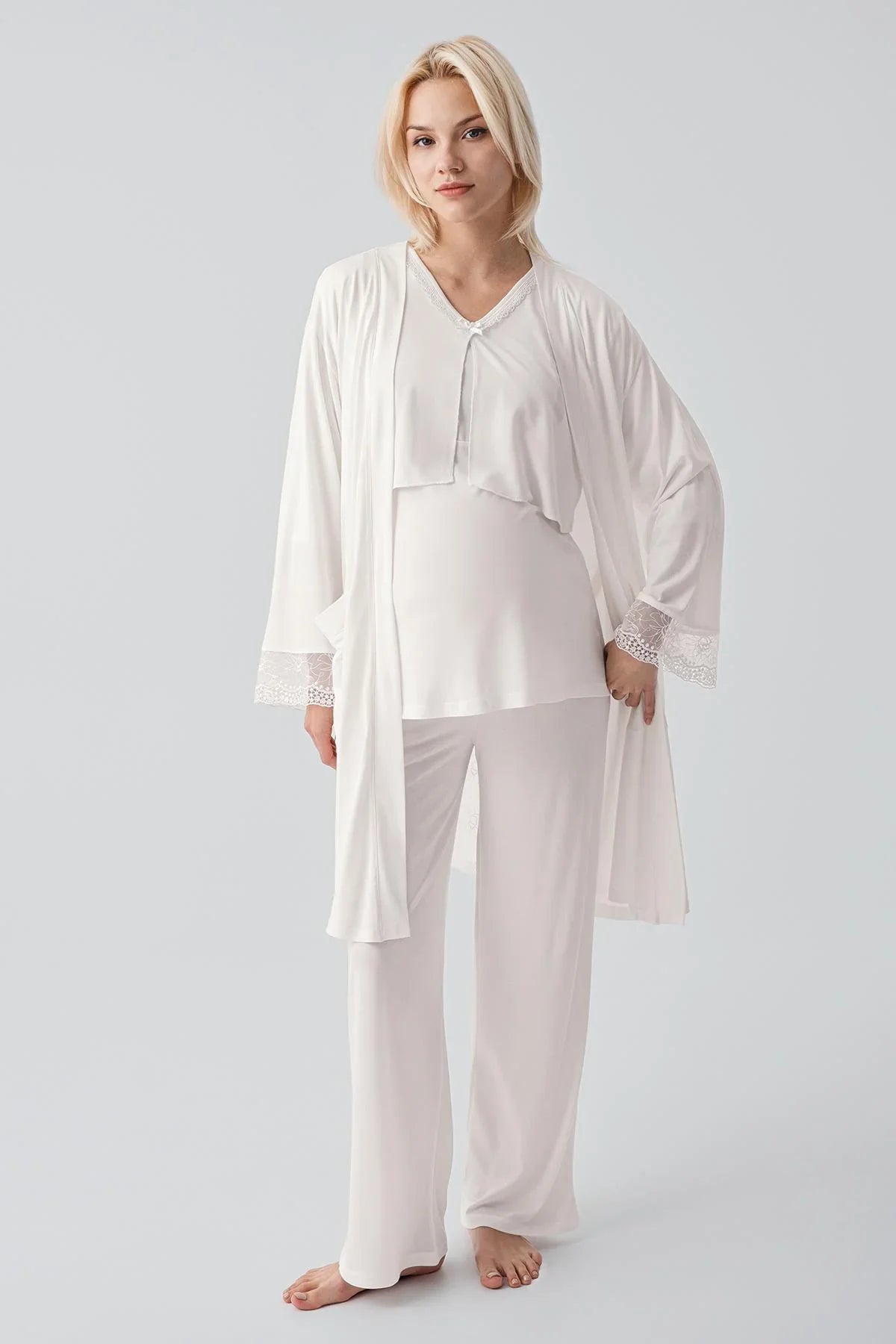 Truvakar Kollu Dantelli Düğmeli Esnek Viskoz Hamile Sabahlık Pijama Takım 19301 - Artış Collection