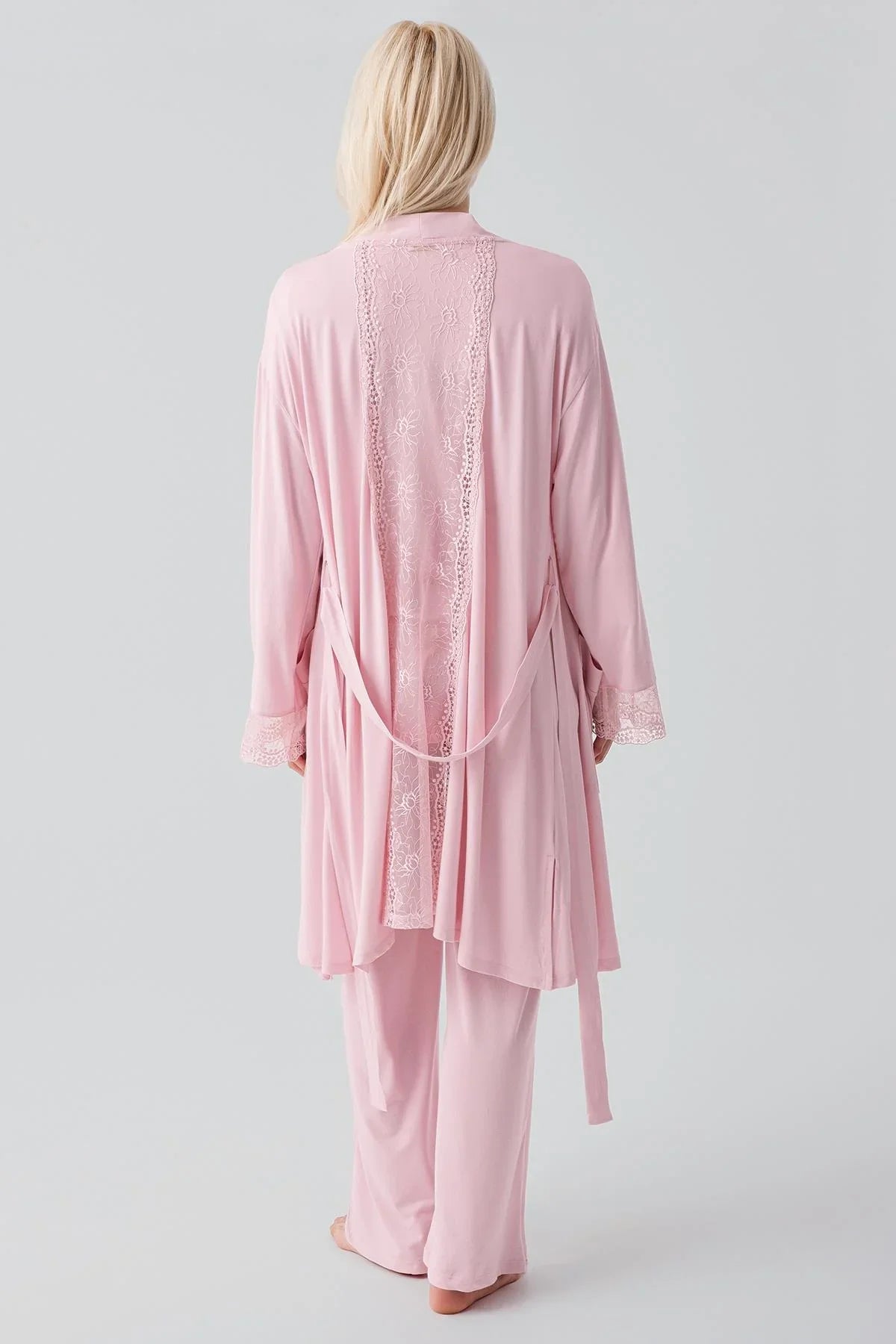 Truvakar Kollu Dantelli Düğmeli Esnek Viskoz Hamile Sabahlık Pijama Takım 19301 - Artış Collection