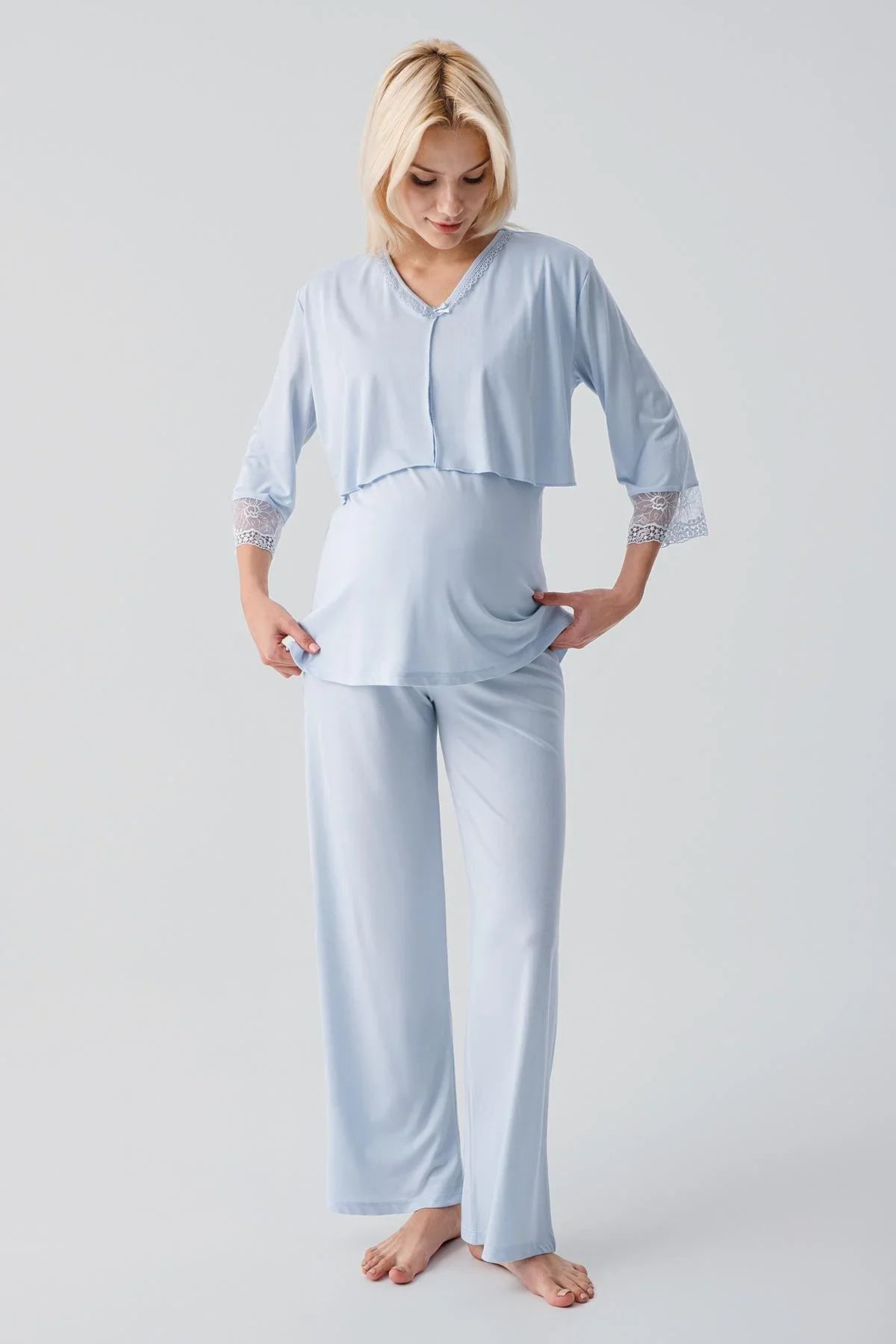 Truvakar Kollu Dantelli Düğmeli Esnek Viskoz Hamile Sabahlık Pijama Takım 19301 - Artış Collection