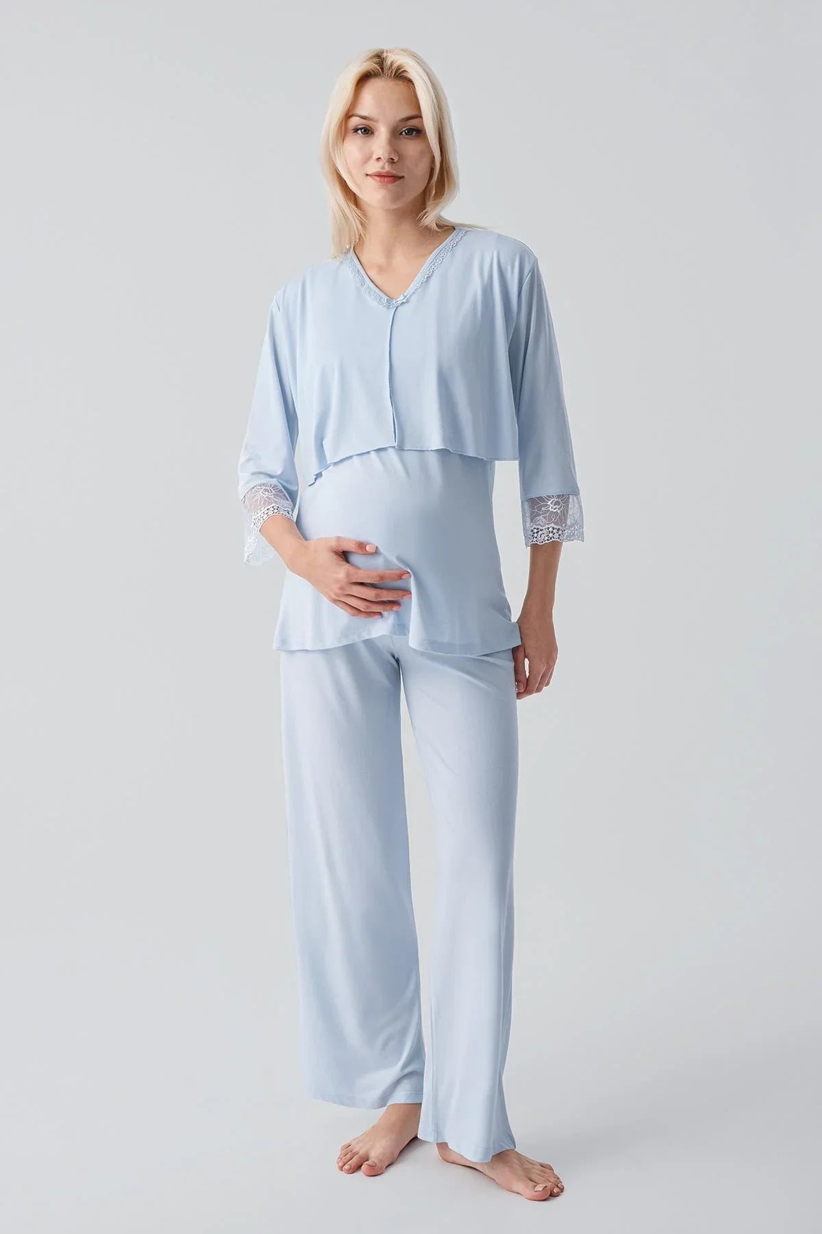Truvakar Kollu Dantelli Düğmeli Esnek Viskoz Hamile Sabahlık Pijama Takım 19301 - Artış Collection