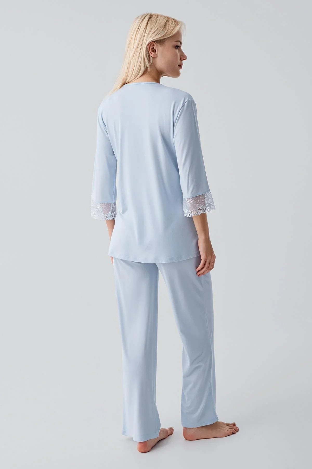 Truvakar Kollu Dantelli Düğmeli Esnek Viskoz Hamile Sabahlık Pijama Takım 19301 - Artış Collection
