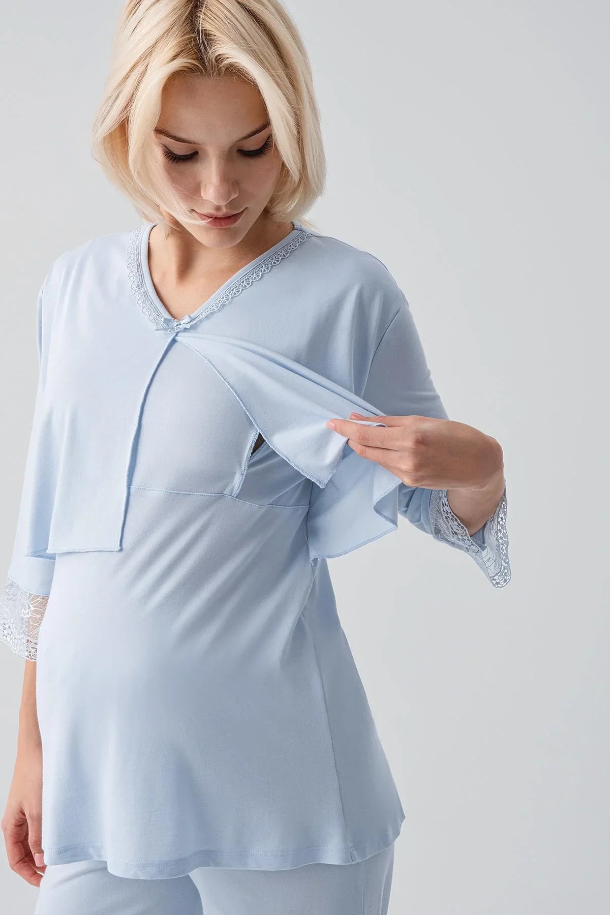 Truvakar Kollu Dantelli Düğmeli Esnek Viskoz Hamile Sabahlık Pijama Takım 19301 - Artış Collection
