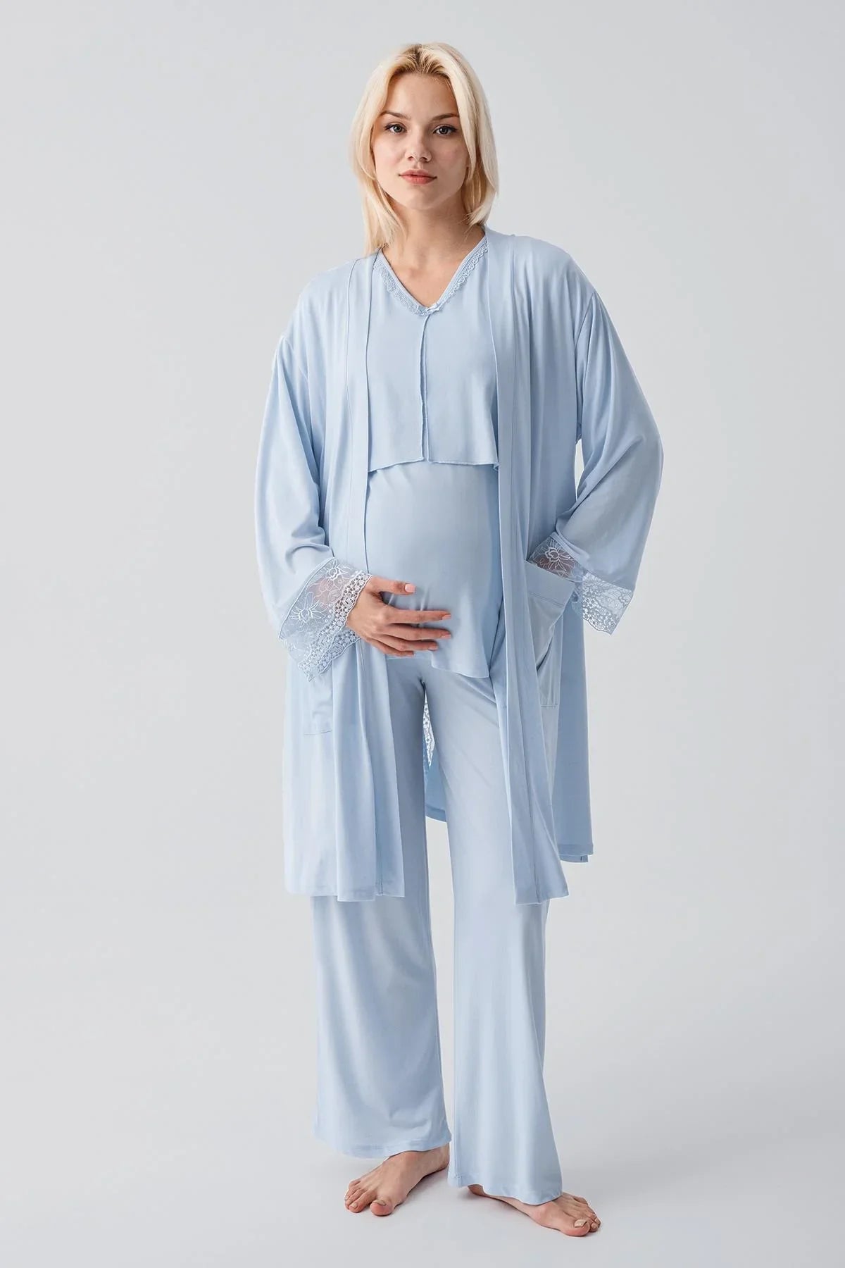 Truvakar Kollu Dantelli Düğmeli Esnek Viskoz Hamile Sabahlık Pijama Takım 19301 - Artış Collection