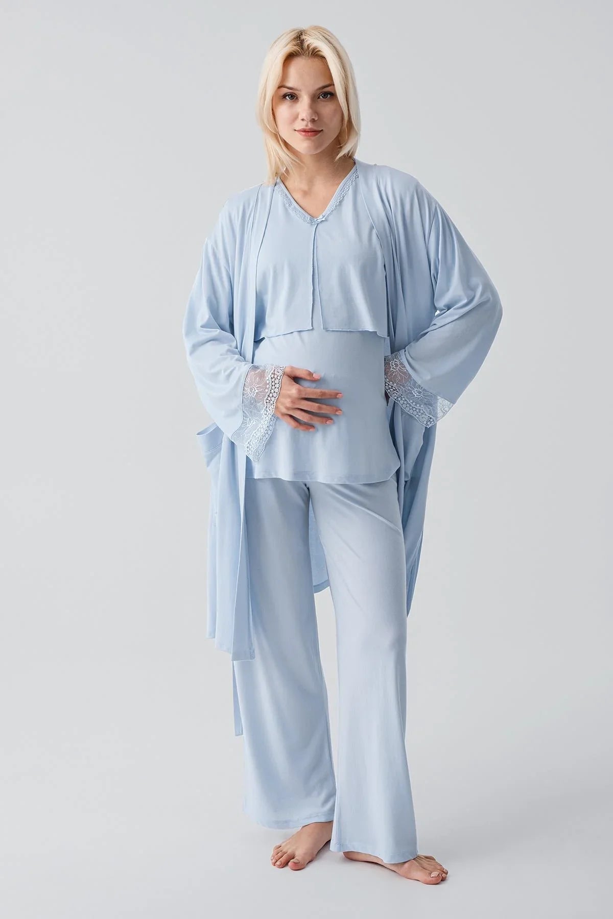 Truvakar Kollu Dantelli Düğmeli Esnek Viskoz Hamile Sabahlık Pijama Takım 19301 - Artış Collection
