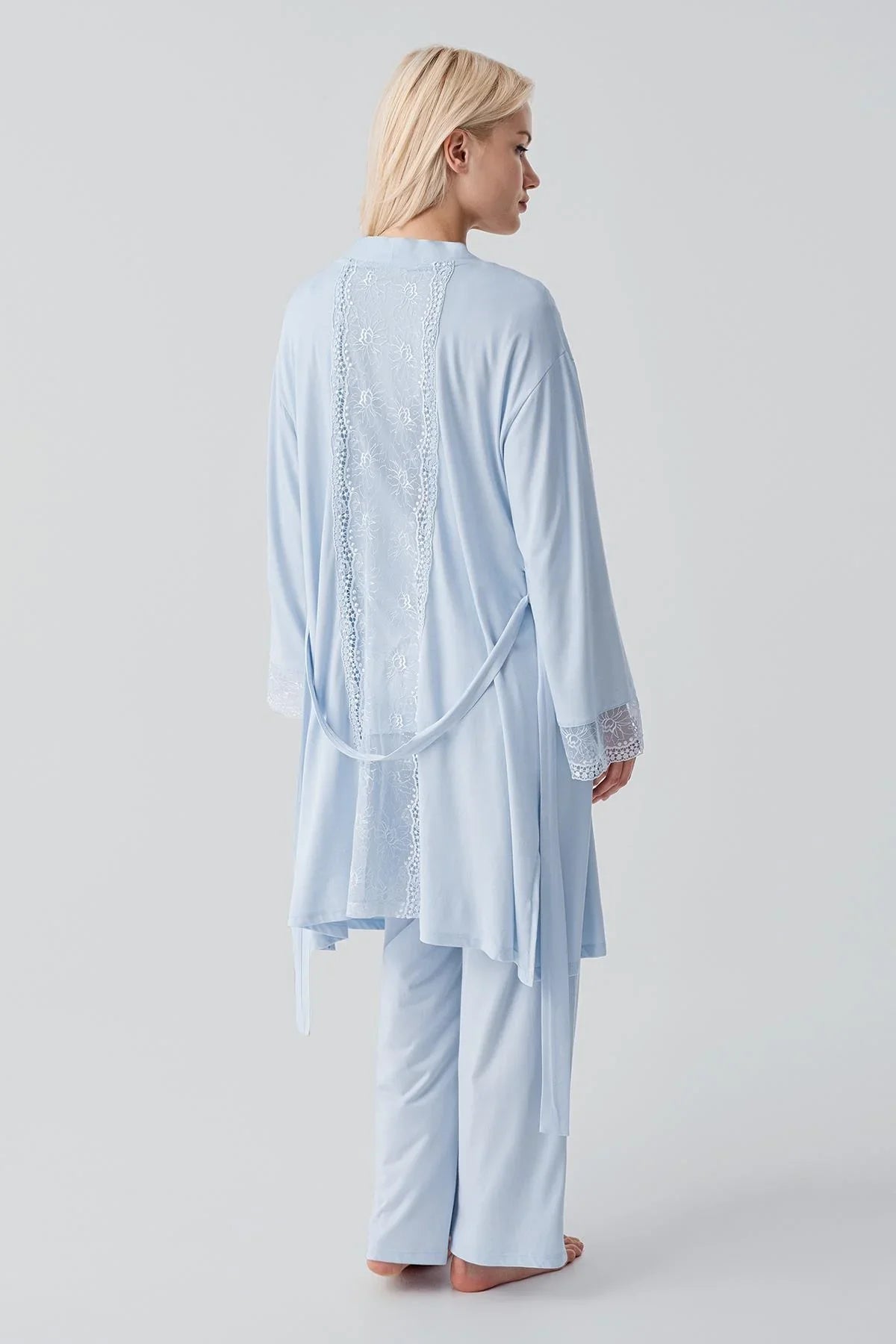 Truvakar Kollu Dantelli Düğmeli Esnek Viskoz Hamile Sabahlık Pijama Takım 19301 - Artış Collection
