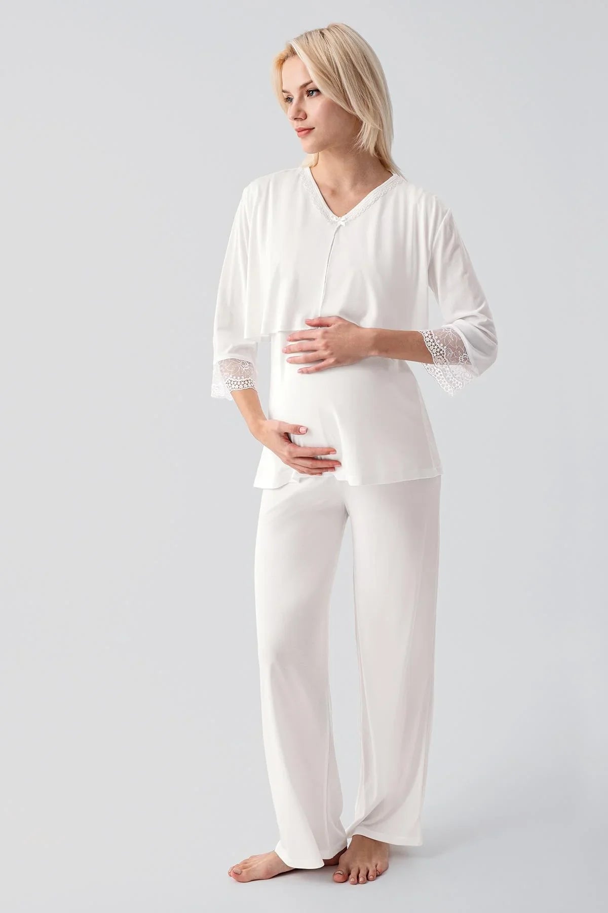 Truvakar Kollu Dantelli Düğmeli Esnek Viskoz Hamile Sabahlık Pijama Takım 19301