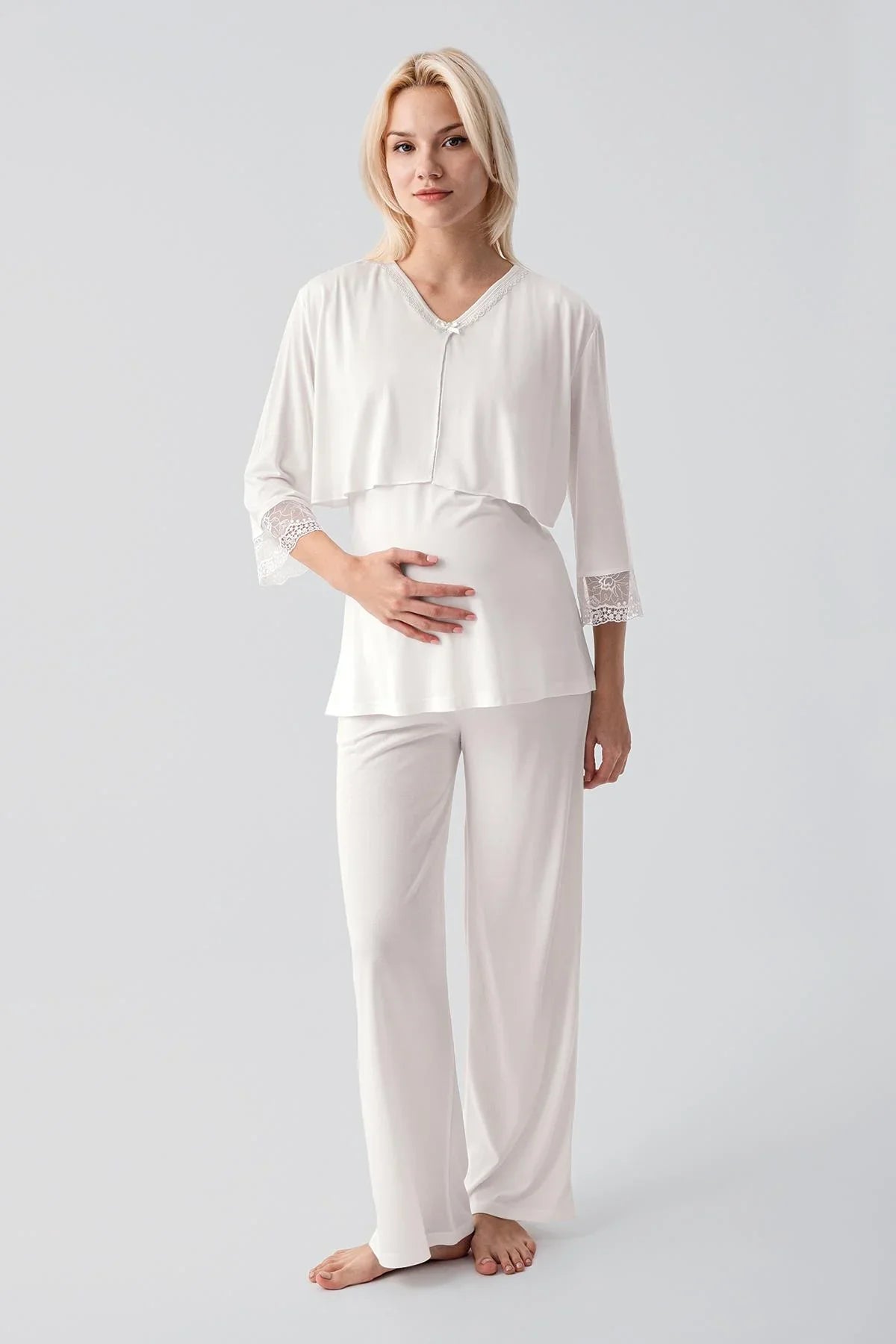 Truvakar Kollu Dantelli Düğmeli Esnek Viskoz Hamile Sabahlık Pijama Takım 19301
