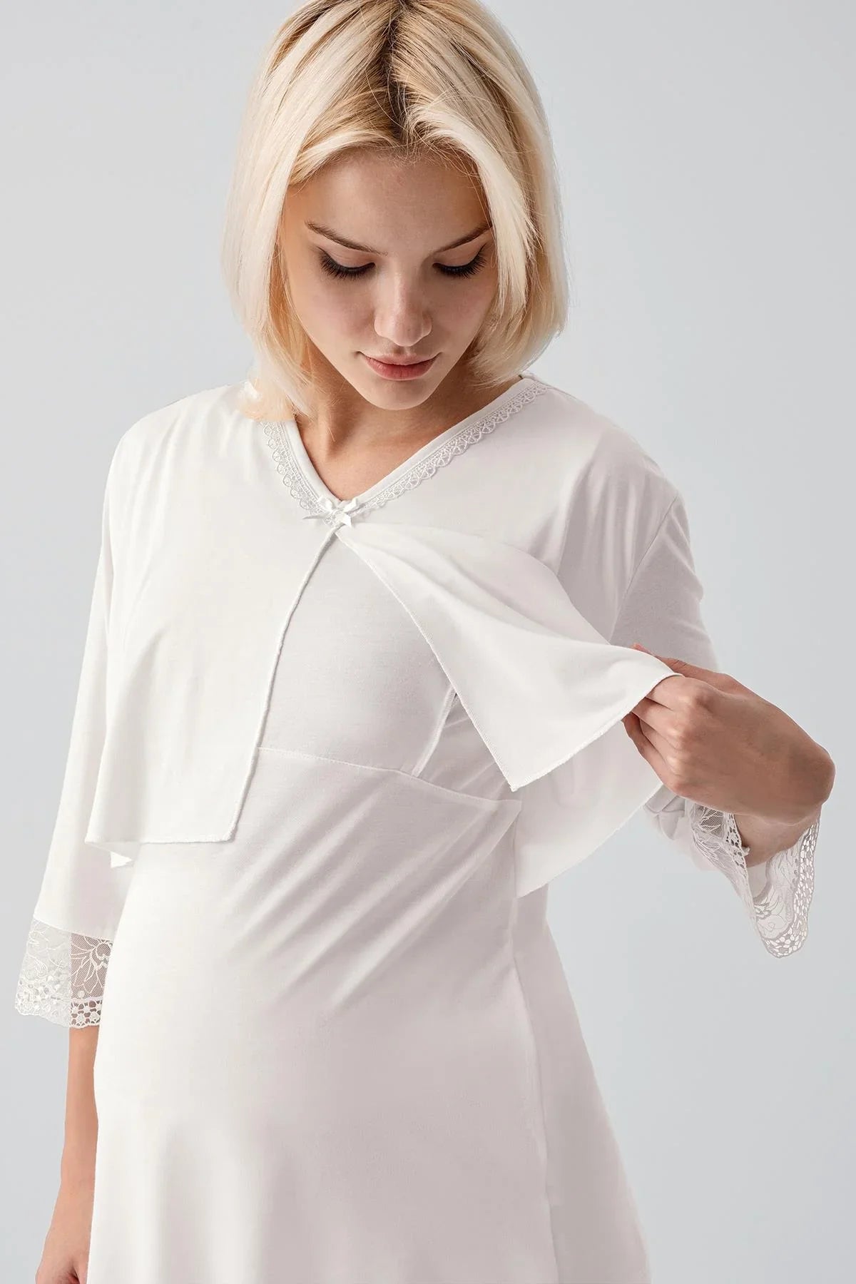 Truvakar Kollu Dantelli Düğmeli Esnek Viskoz Hamile Sabahlık Pijama Takım 19301