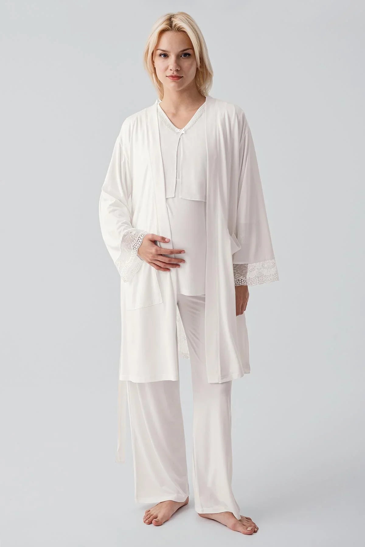 Truvakar Kollu Dantelli Düğmeli Esnek Viskoz Hamile Sabahlık Pijama Takım 19301 - Artış Collection
