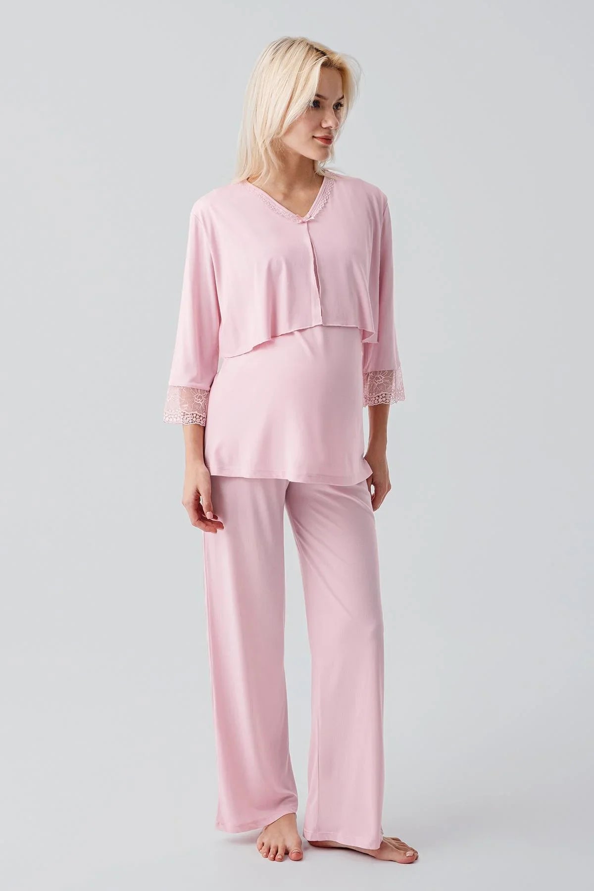 Truvakar Kollu Dantelli Düğmeli Esnek Viskoz Hamile Sabahlık Pijama Takım 19301
