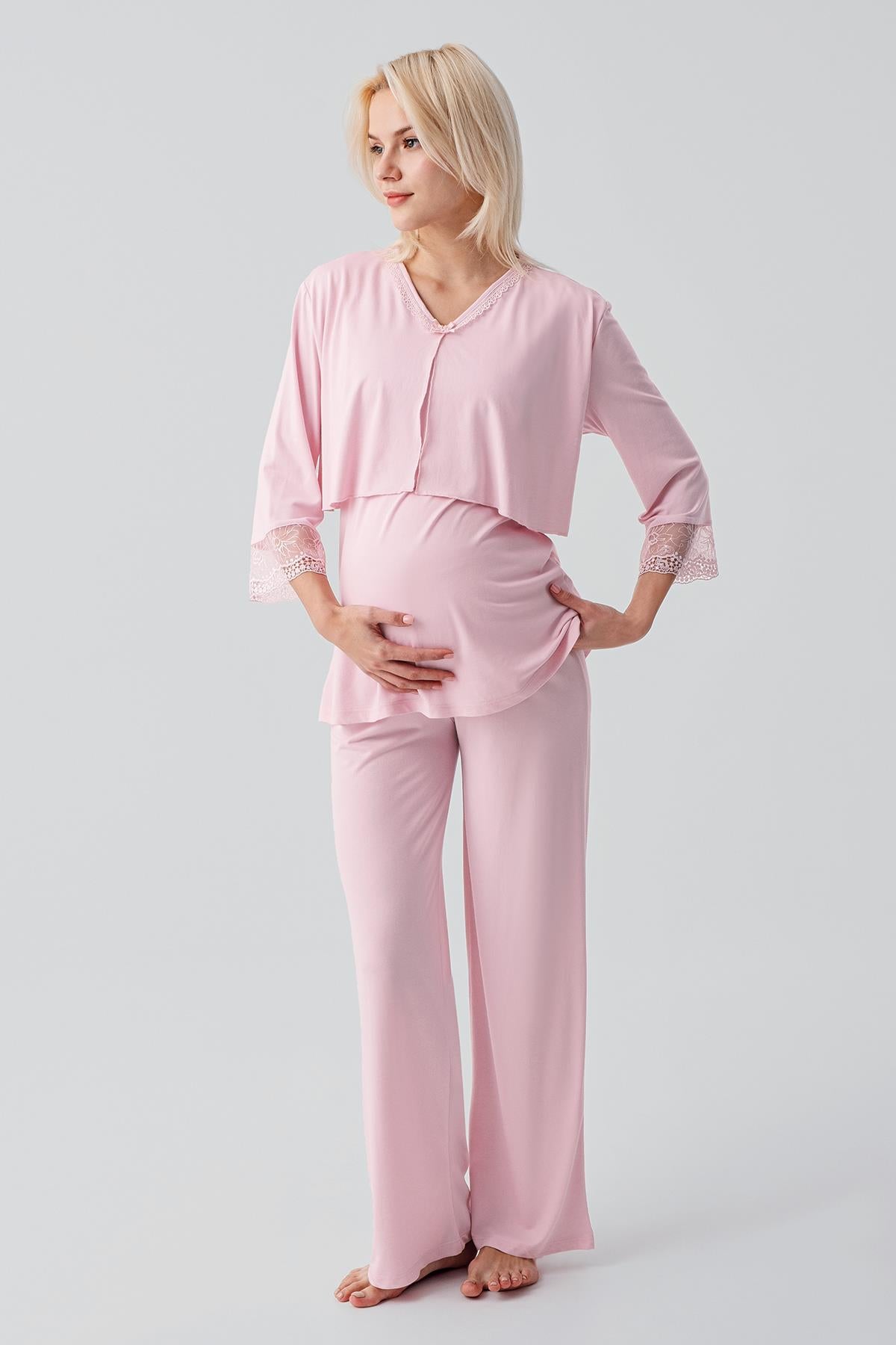 Truvakar Kollu Dantelli Düğmeli Esnek Viskoz Hamile Sabahlık Pijama Takım 19301