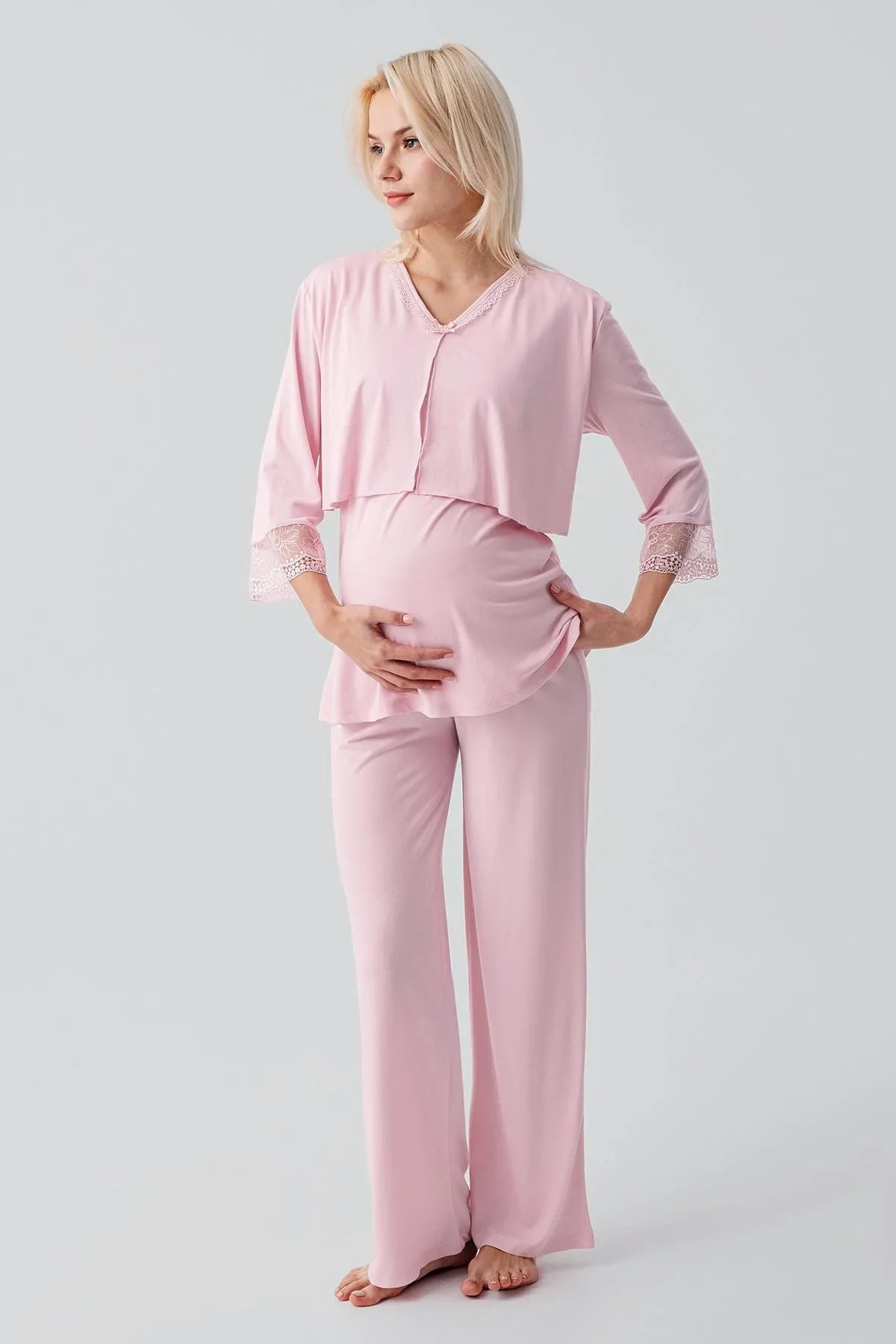 Truvakar Kollu Dantelli Düğmeli Esnek Viskoz Hamile Sabahlık Pijama Takım 19301