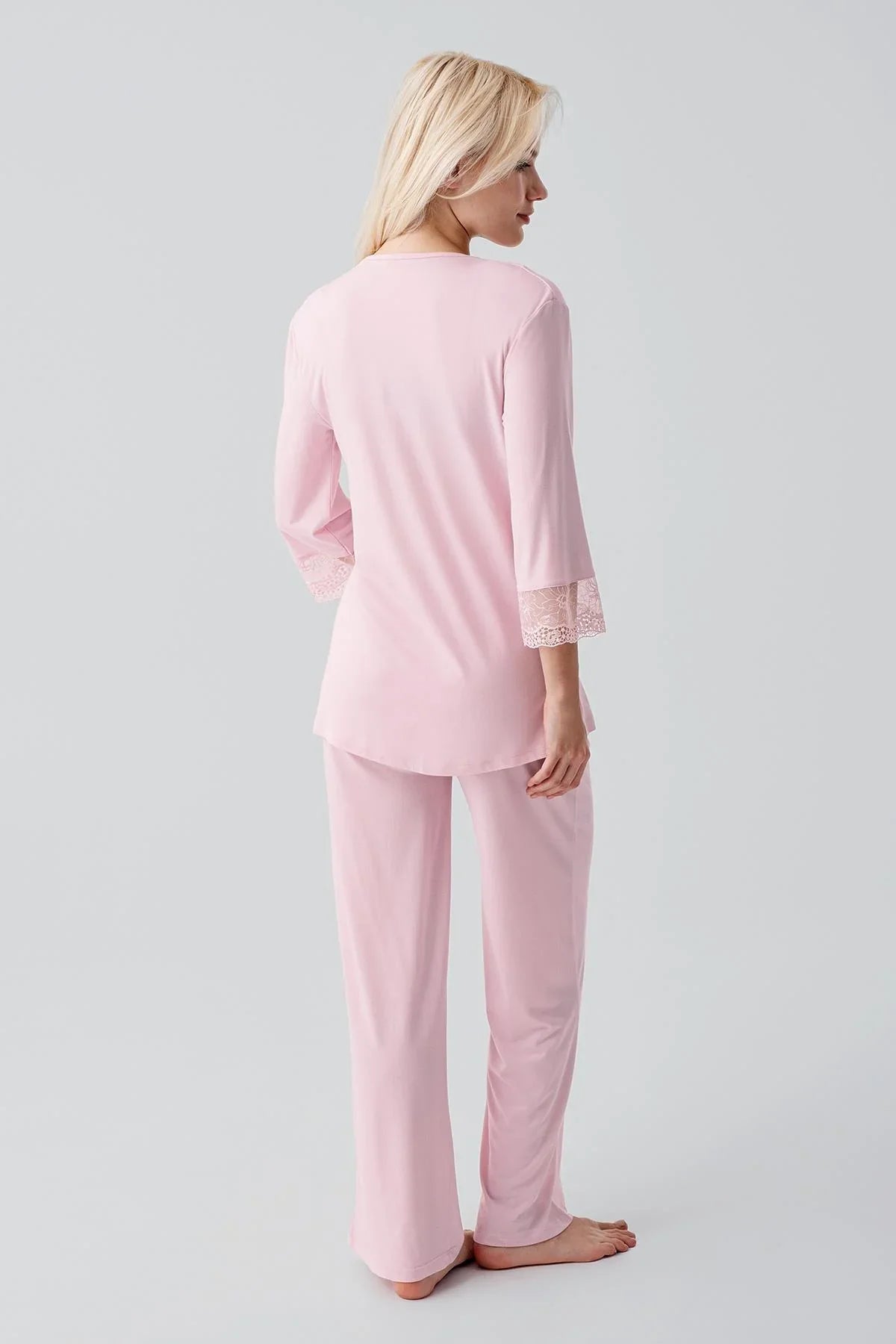 Truvakar Kollu Dantelli Düğmeli Esnek Viskoz Hamile Sabahlık Pijama Takım 19301 - Artış Collection