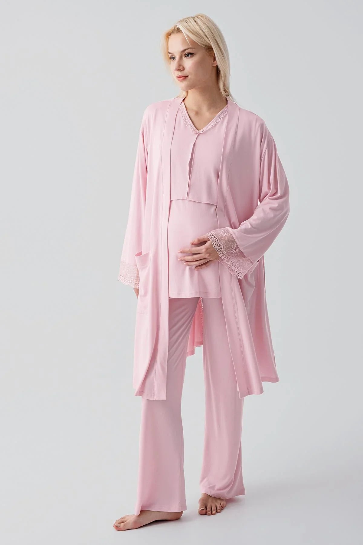 Truvakar Kollu Dantelli Düğmeli Esnek Viskoz Hamile Sabahlık Pijama Takım 19301