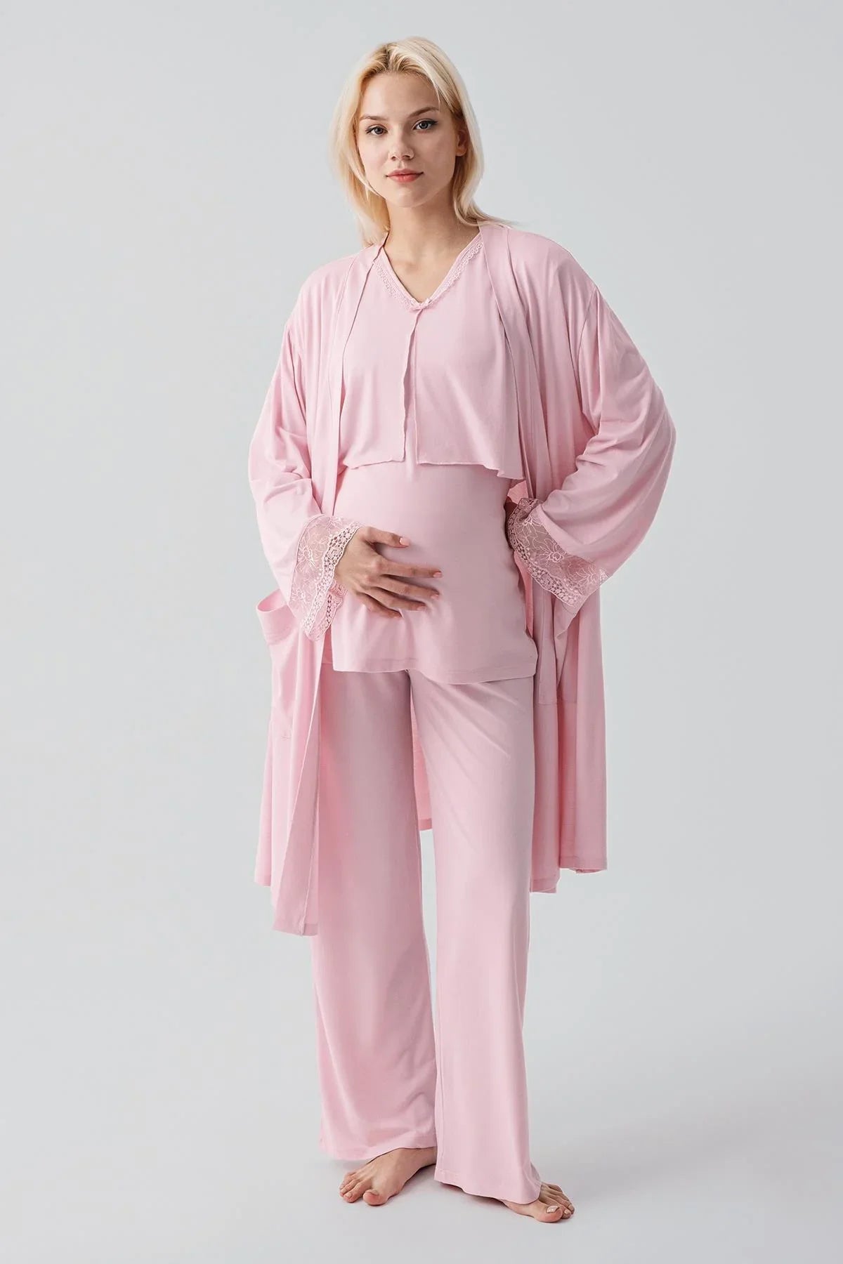 Truvakar Kollu Dantelli Düğmeli Esnek Viskoz Hamile Sabahlık Pijama Takım 19301