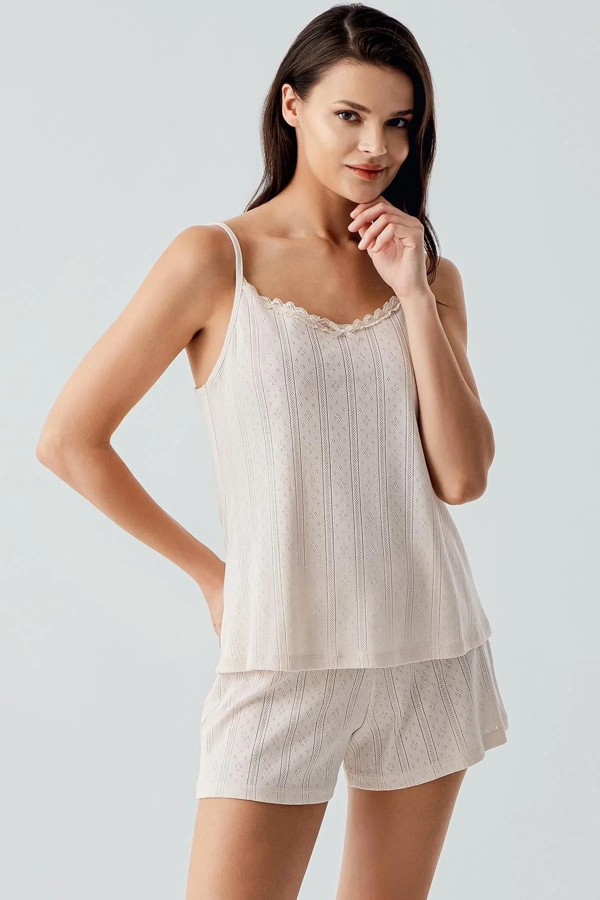 Openwork Suspender Flexible Cotton Shorts Pajama Set 17208