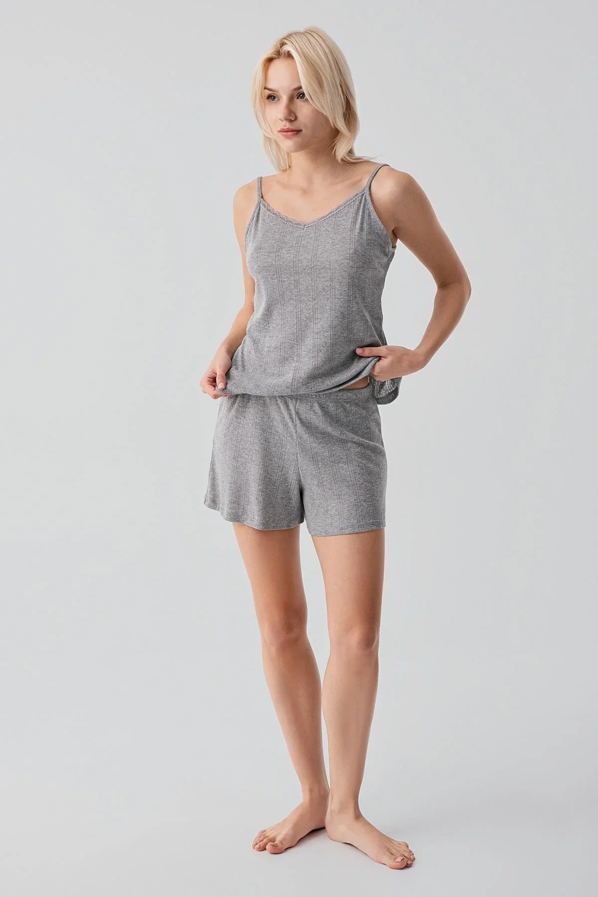 Ajurlu Askılı Esnek Pamuklu Şort Pijama Takım 17208 - Artış Collection