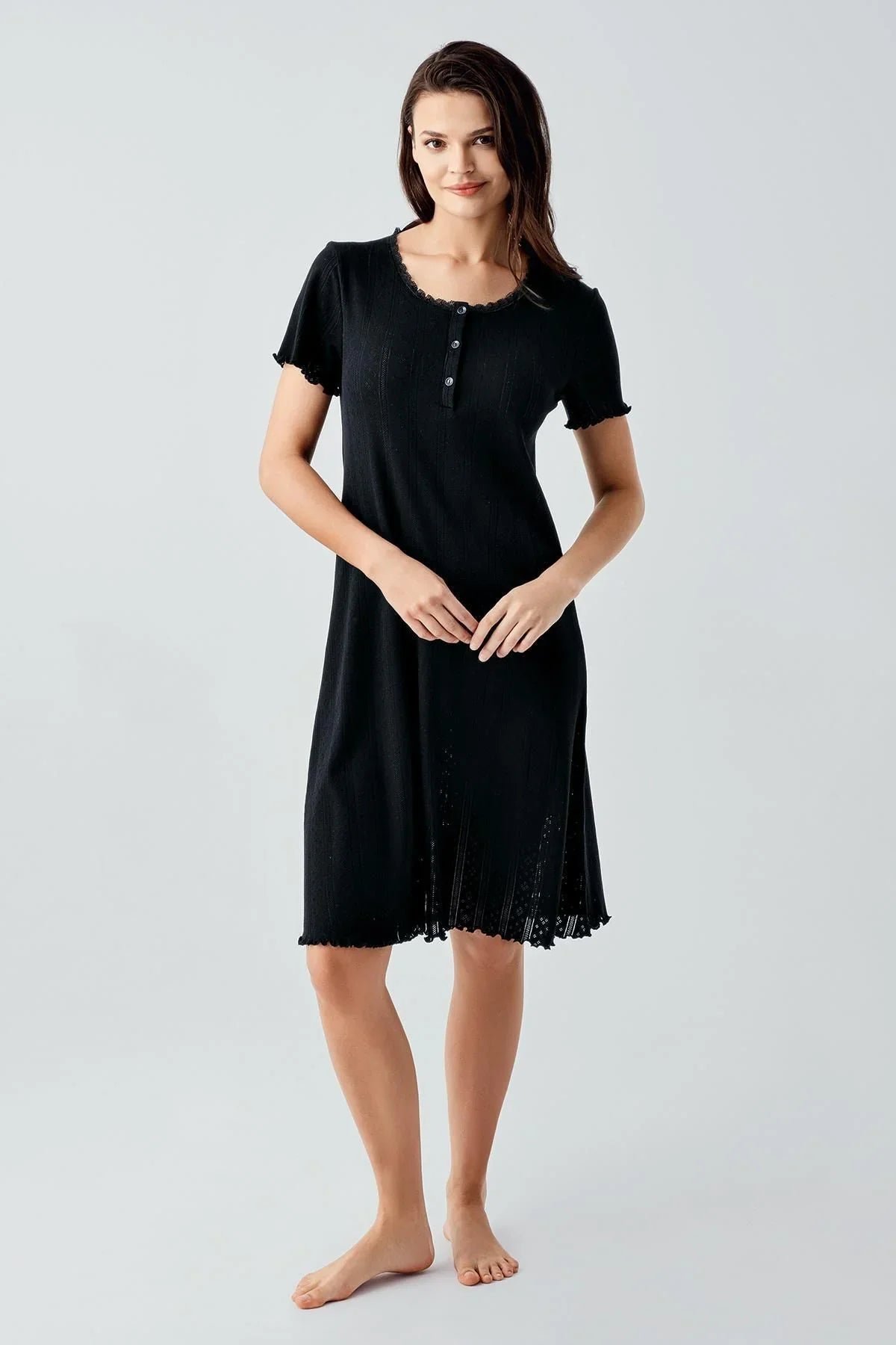 Ajurlu Düğmeli Kısa Kollu Kısa Esnek Pamuklu Gecelik 17109 - Artış Collection