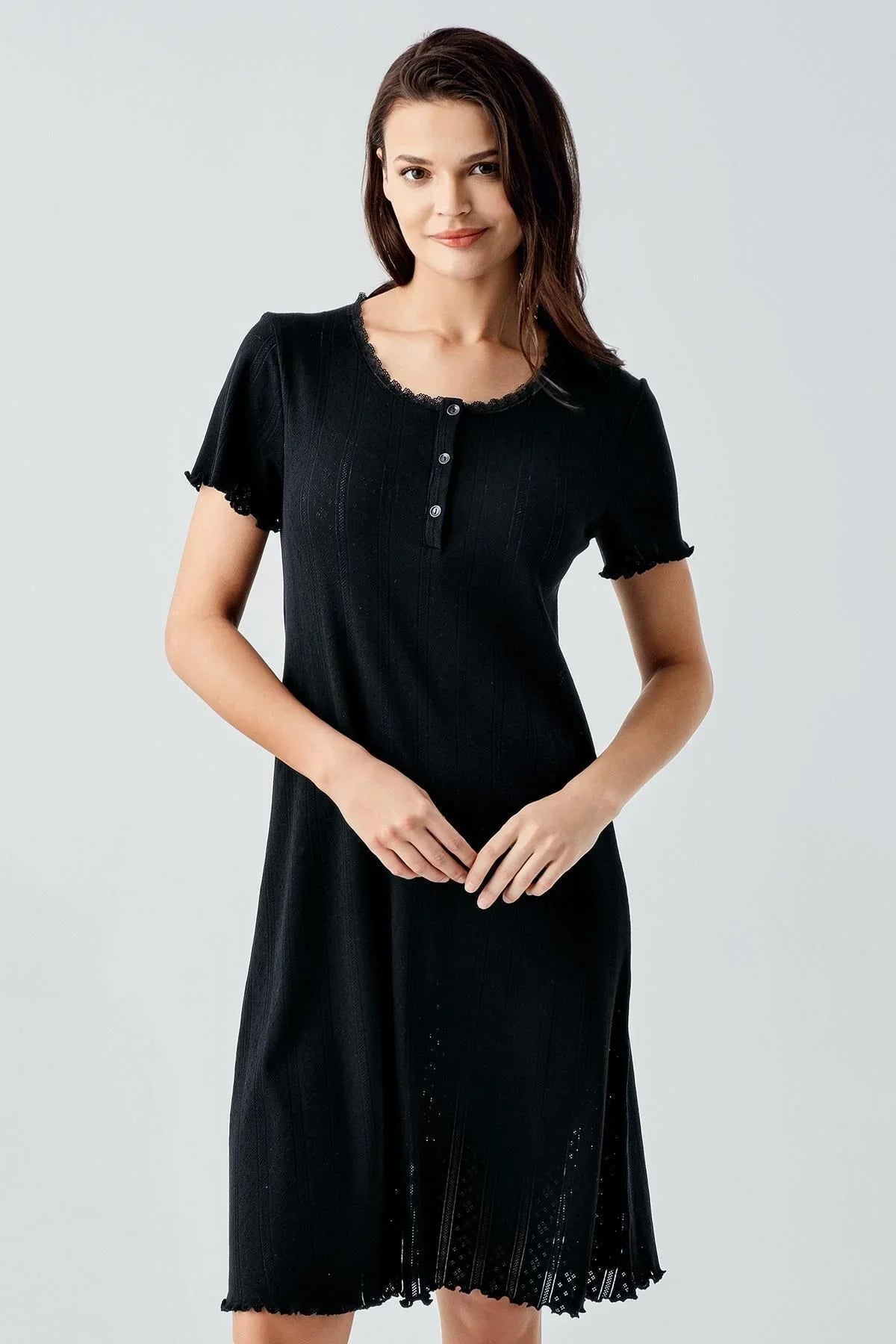 Ajurlu Düğmeli Kısa Kollu Kısa Esnek Pamuklu Gecelik 17109 - Artış Collection