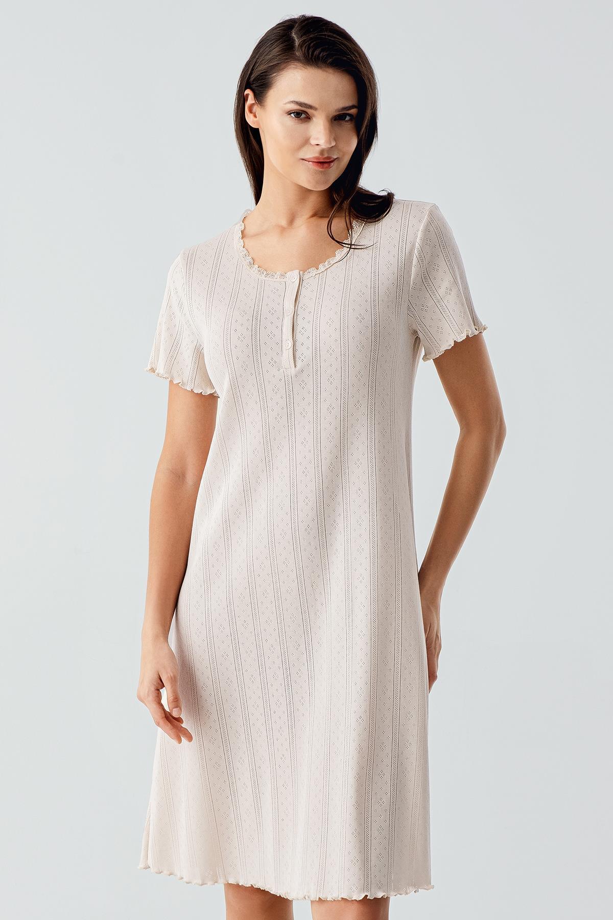 Ajurlu Düğmeli Kısa Kollu Kısa Esnek Pamuklu Gecelik 17109 - Artış Collection