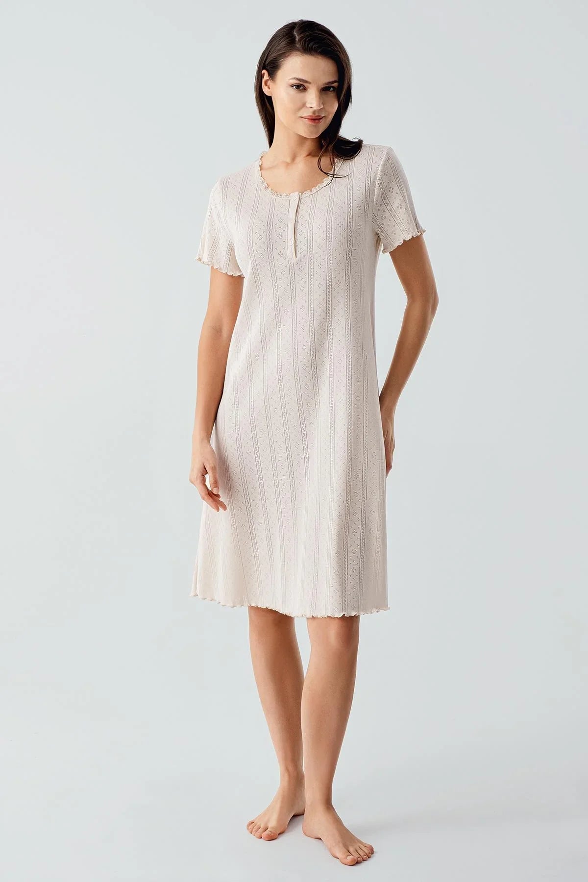 Ajurlu Düğmeli Kısa Kollu Kısa Esnek Pamuklu Gecelik 17109 - Artış Collection