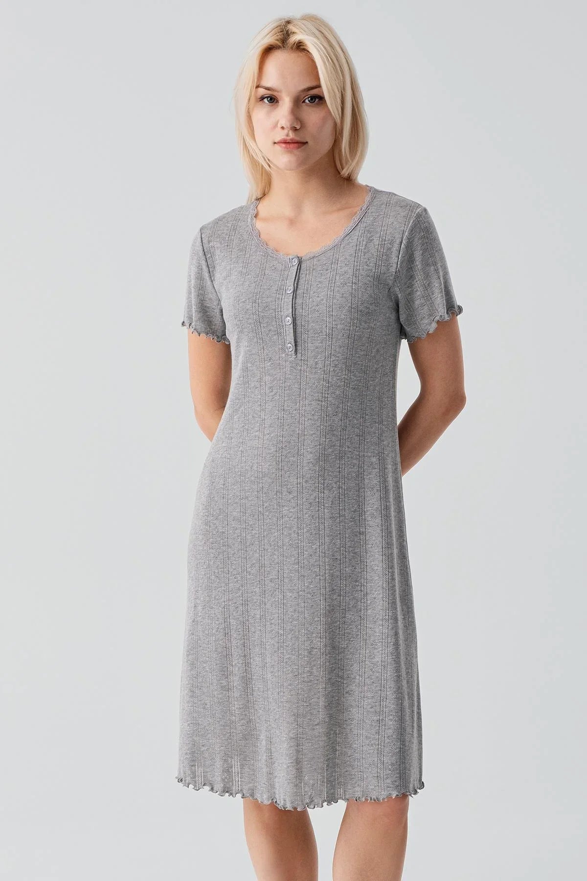 Ajurlu Düğmeli Kısa Kollu Kısa Esnek Pamuklu Gecelik 17109 - Artış Collection