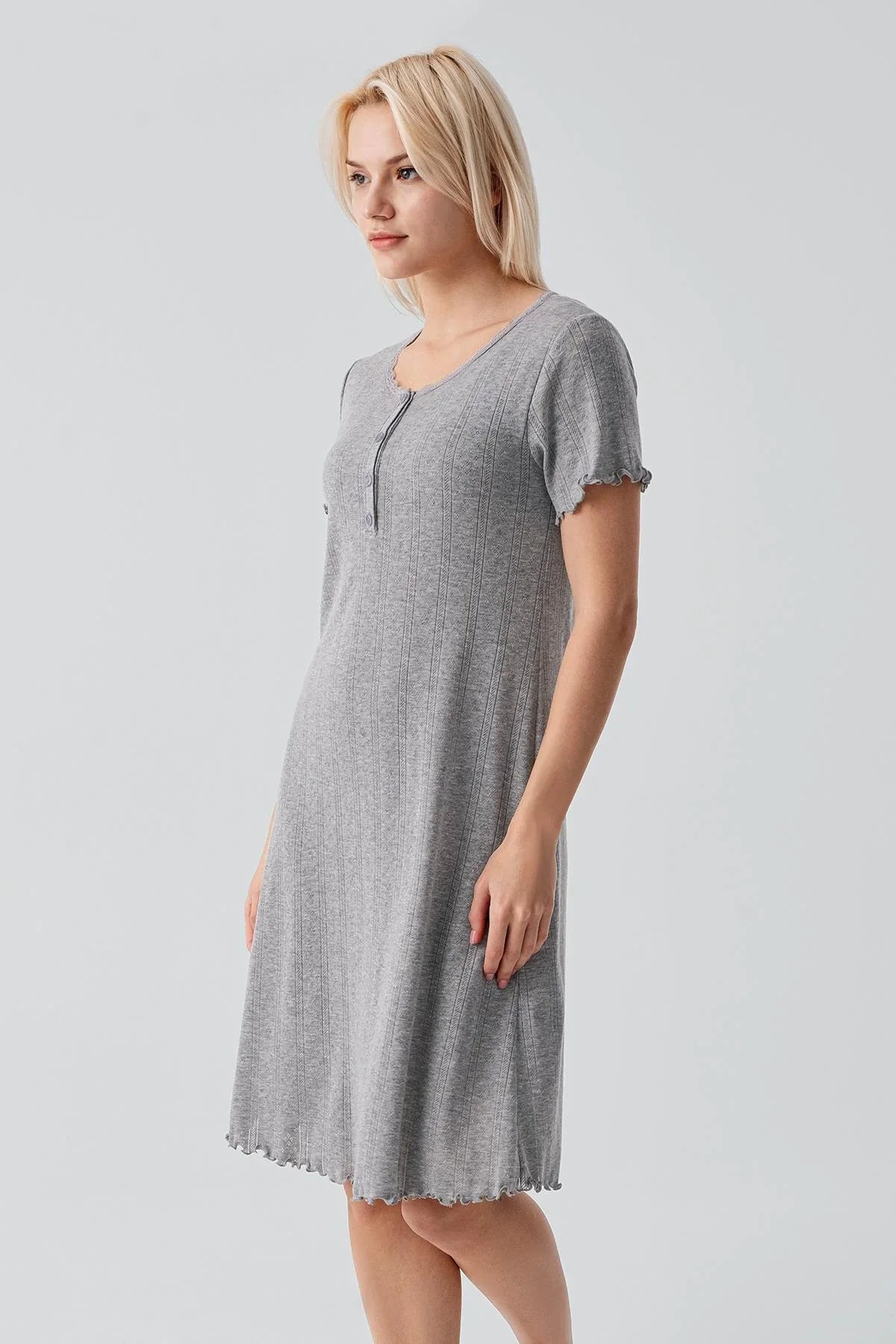 Ajurlu Düğmeli Kısa Kollu Kısa Esnek Pamuklu Gecelik 17109 - Artış Collection