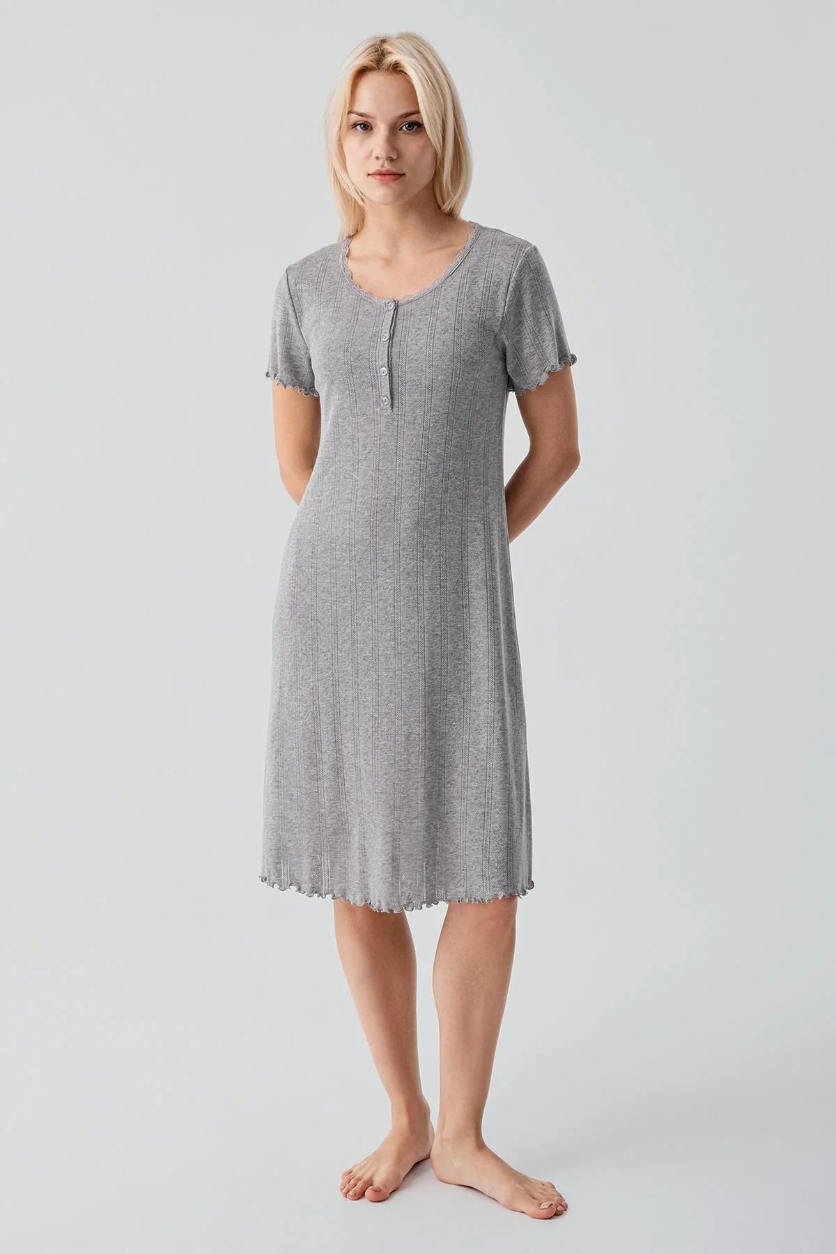 Ajurlu Düğmeli Kısa Kollu Kısa Esnek Pamuklu Gecelik 17109 - Artış Collection