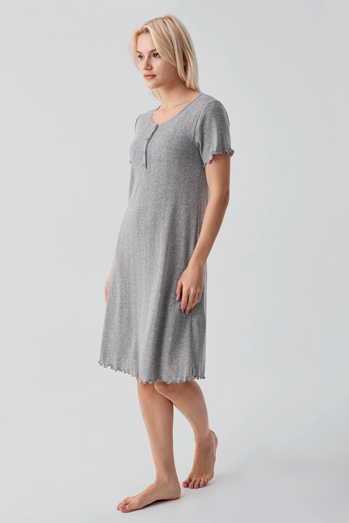 Ajurlu Düğmeli Kısa Kollu Kısa Esnek Pamuklu Gecelik 17109 - Artış Collection