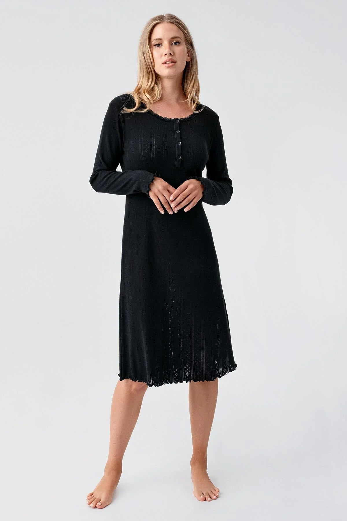 Uzun Kollu Düğmeli Ajurlu Esnek Pamuklu Kısa Gecelik 18107 - Artış Collection