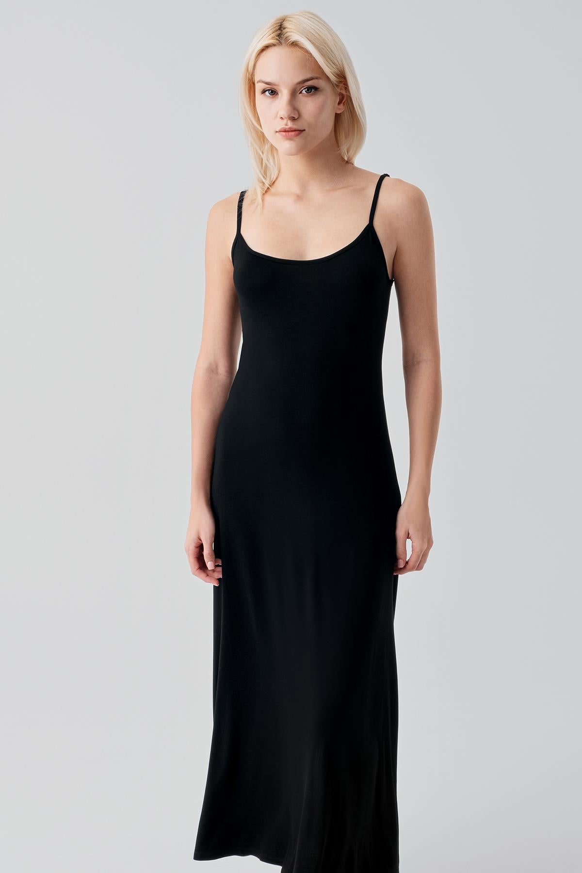 Askılı Uzun Basic Rahat Günlük Likralı Esnek Viskoz Soft Elbise 19111