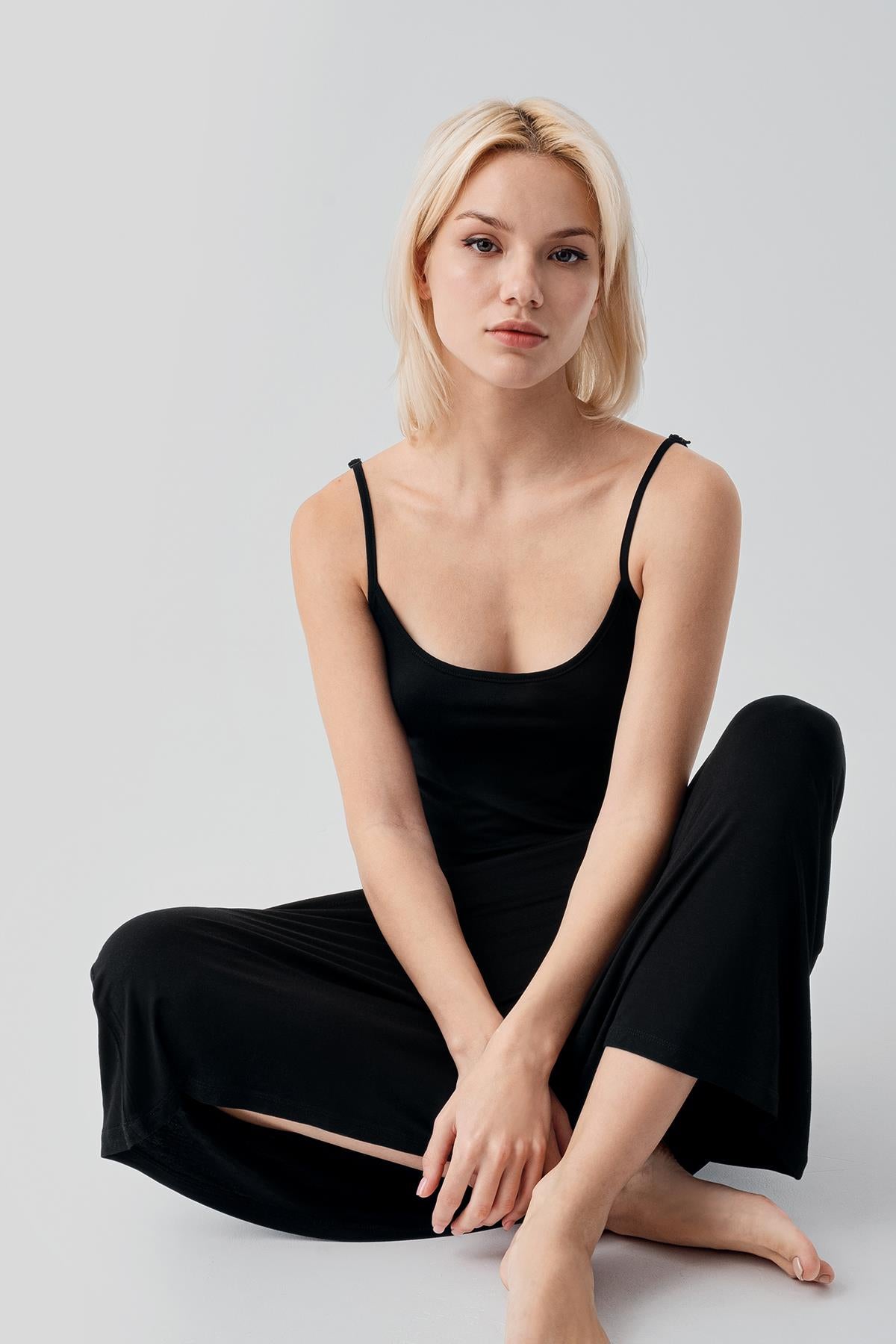 Askılı Uzun Basic Rahat Günlük Likralı Esnek Viskoz Soft Elbise 19111