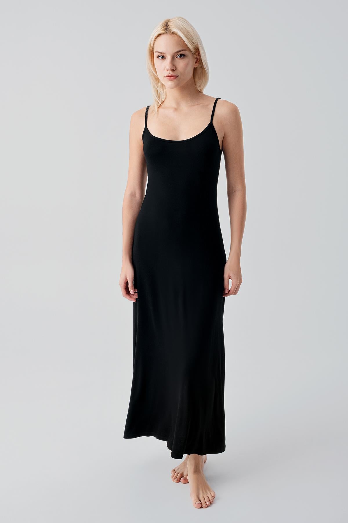 Askılı Uzun Basic Rahat Günlük Likralı Esnek Viskoz Soft Elbise 19111