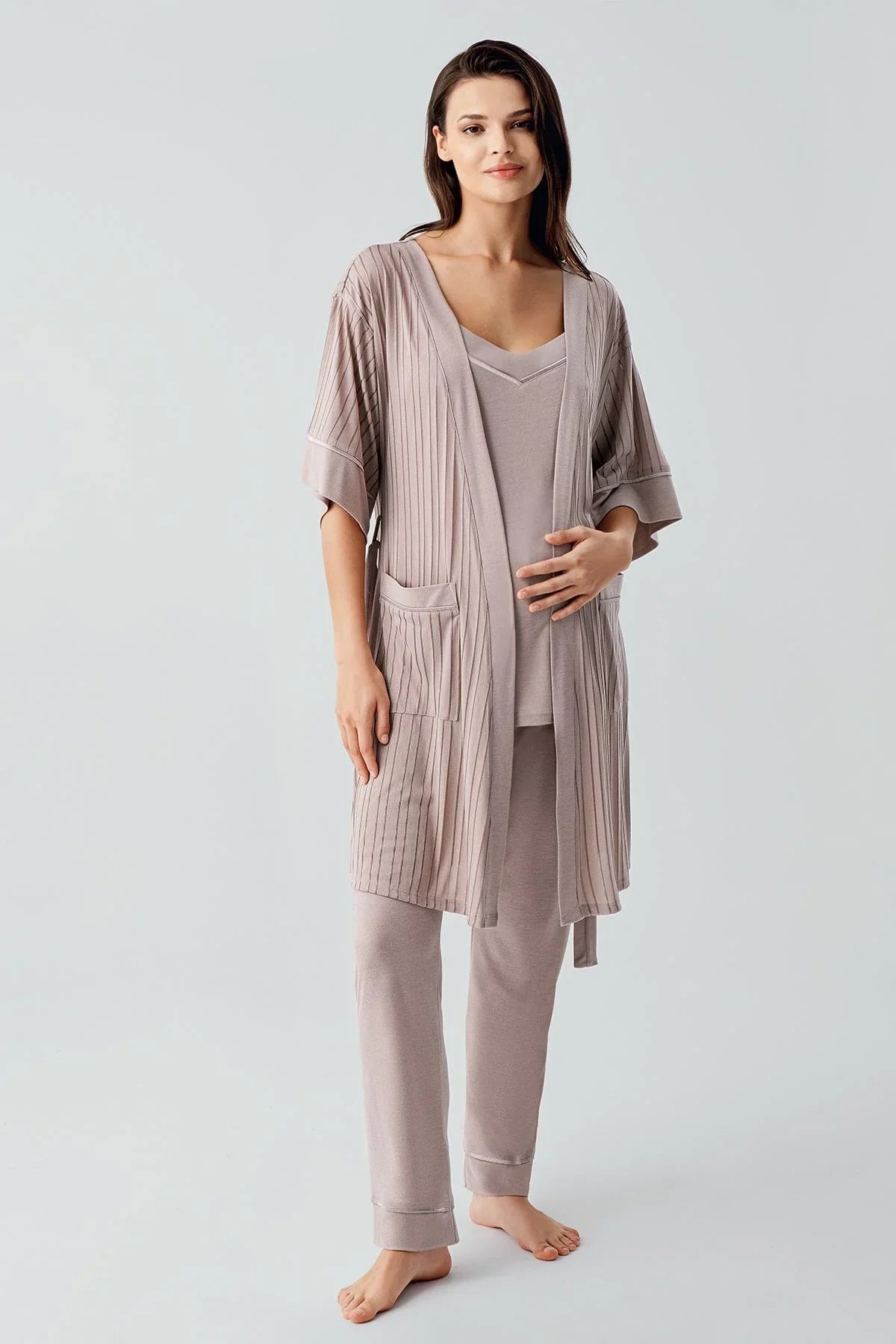 Flexible Viscose Maternity Dressing Gown Pajama Set with Straps 17301