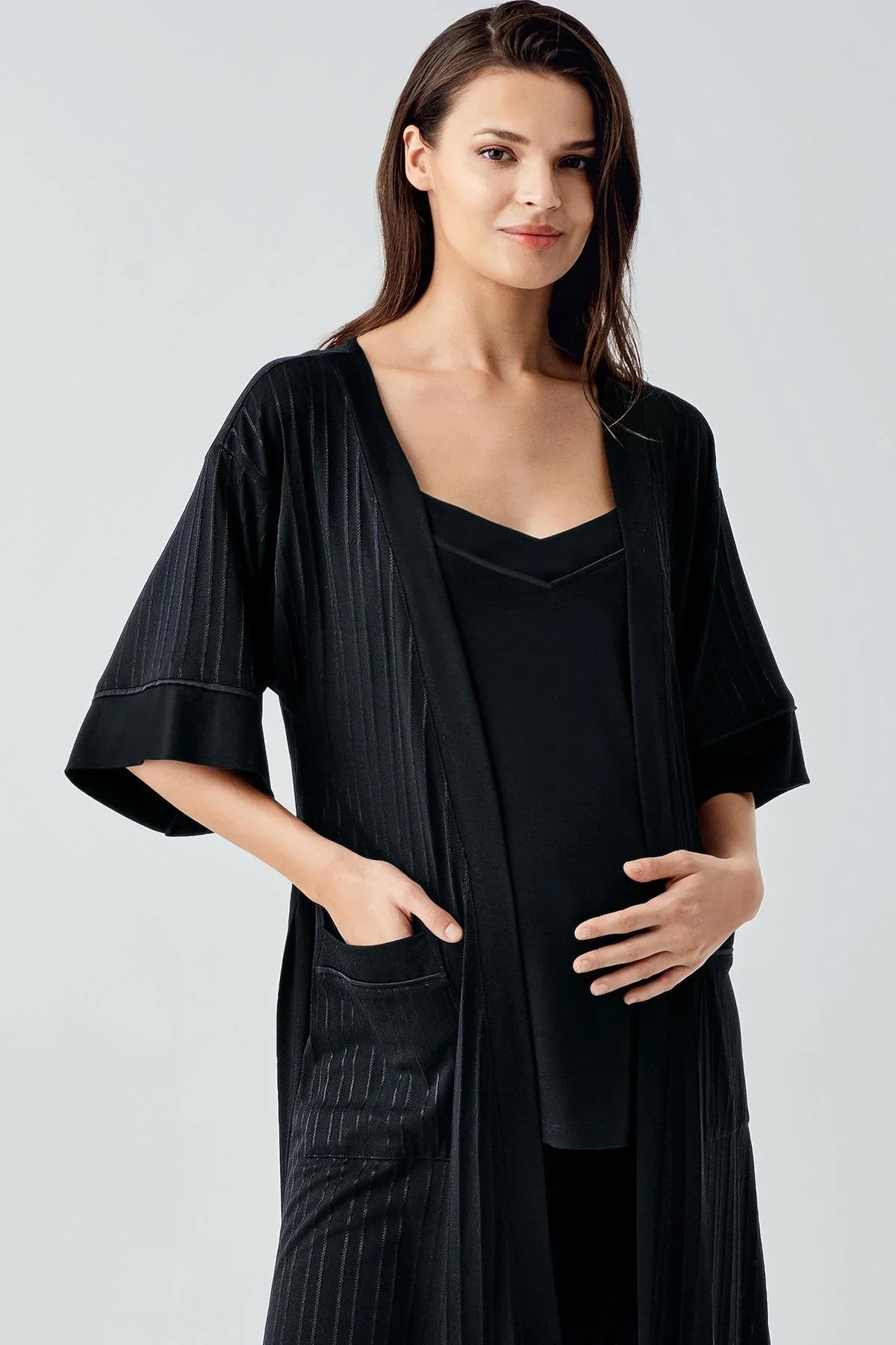 Askılı Esnek Viskoz Hamile Sabahlık Pijama Takım 17301