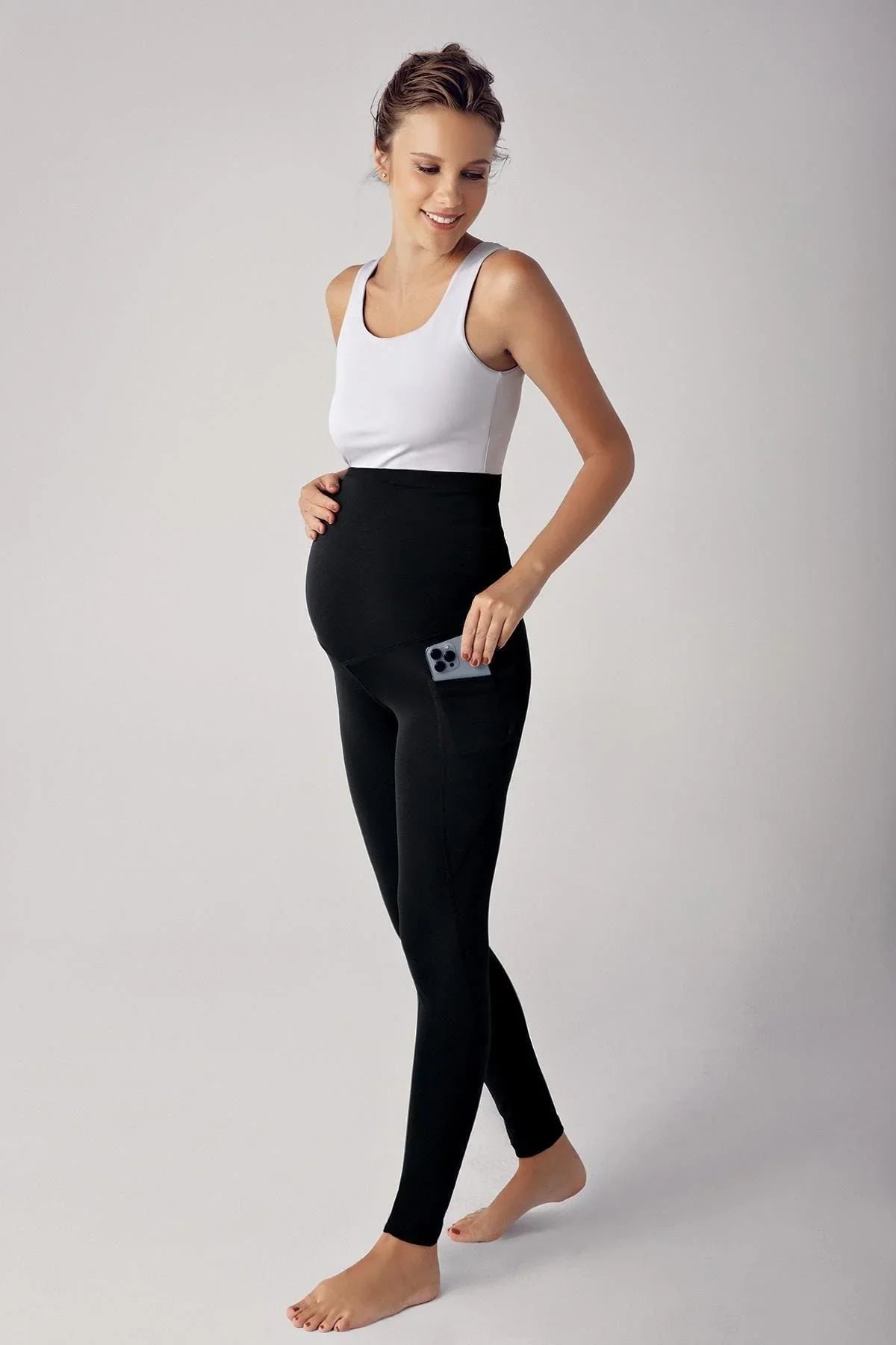 Adjustable High Waist Flexible Gathering Double Pocket Sports Maternity Tights T06