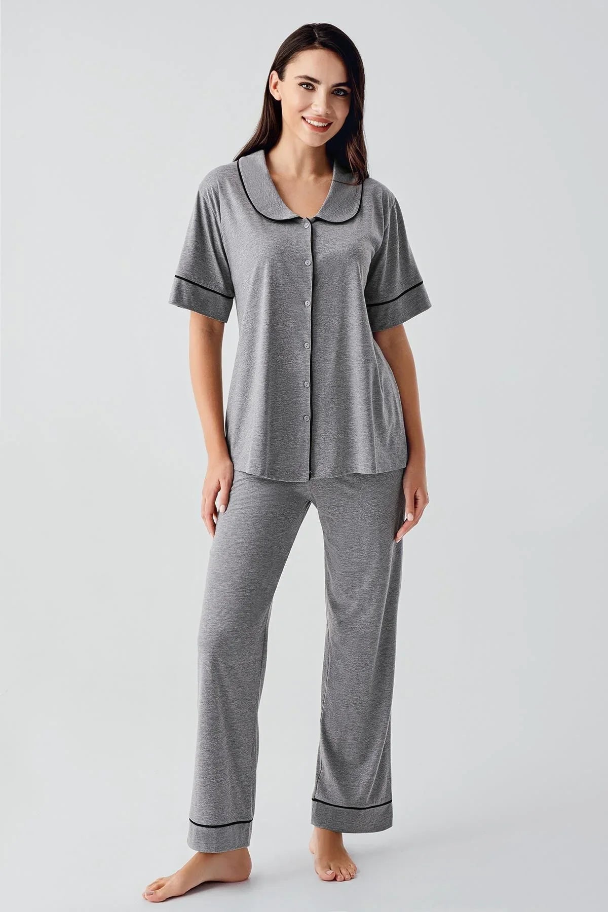 Bebe Yaka Düğmeli Kısa Kollu Esnek Pamuklu Pijama Takım 17201 - Artış Collection